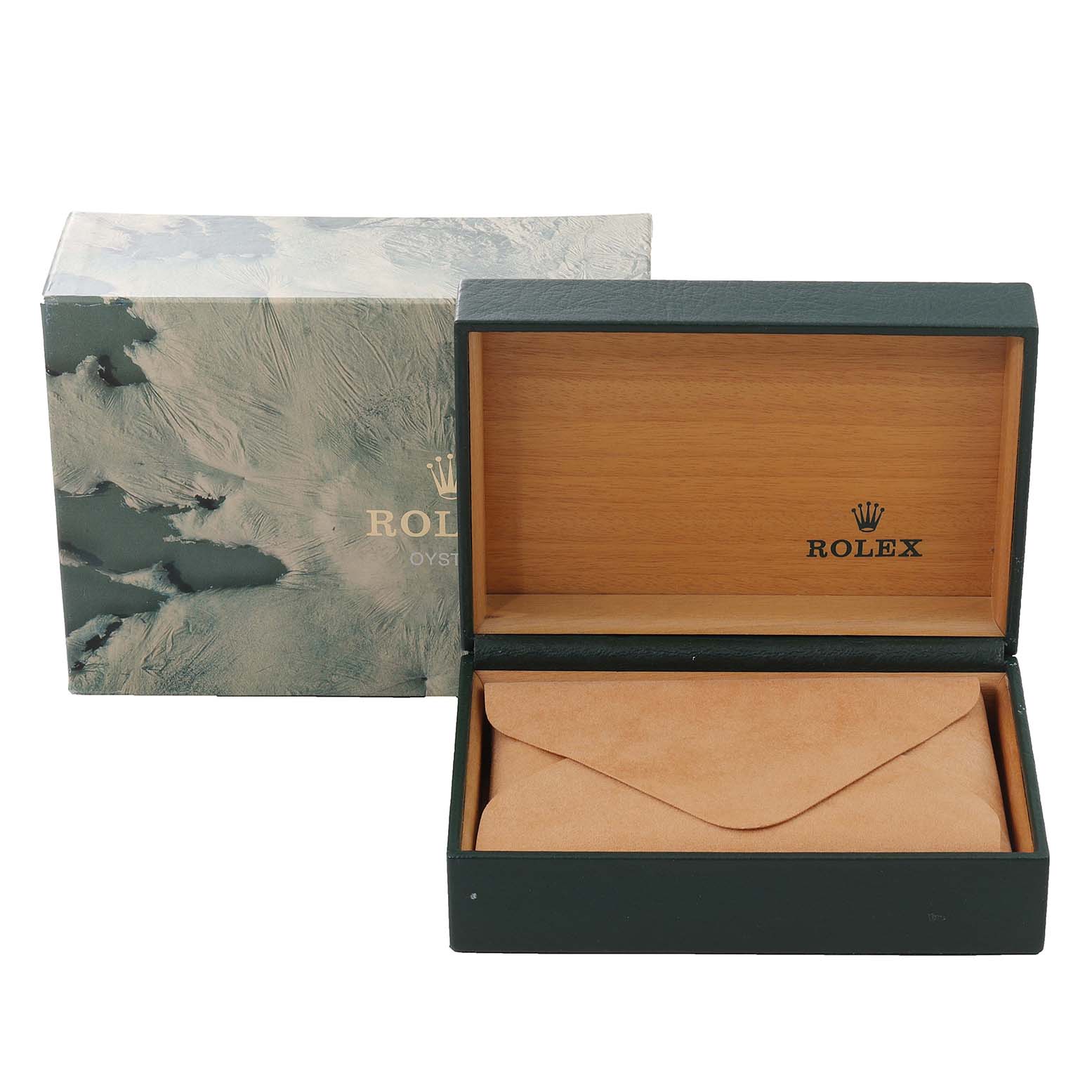 The image shows the open box and pouch for a Datejust model by Rolex, with the box lid and outer packaging visible.