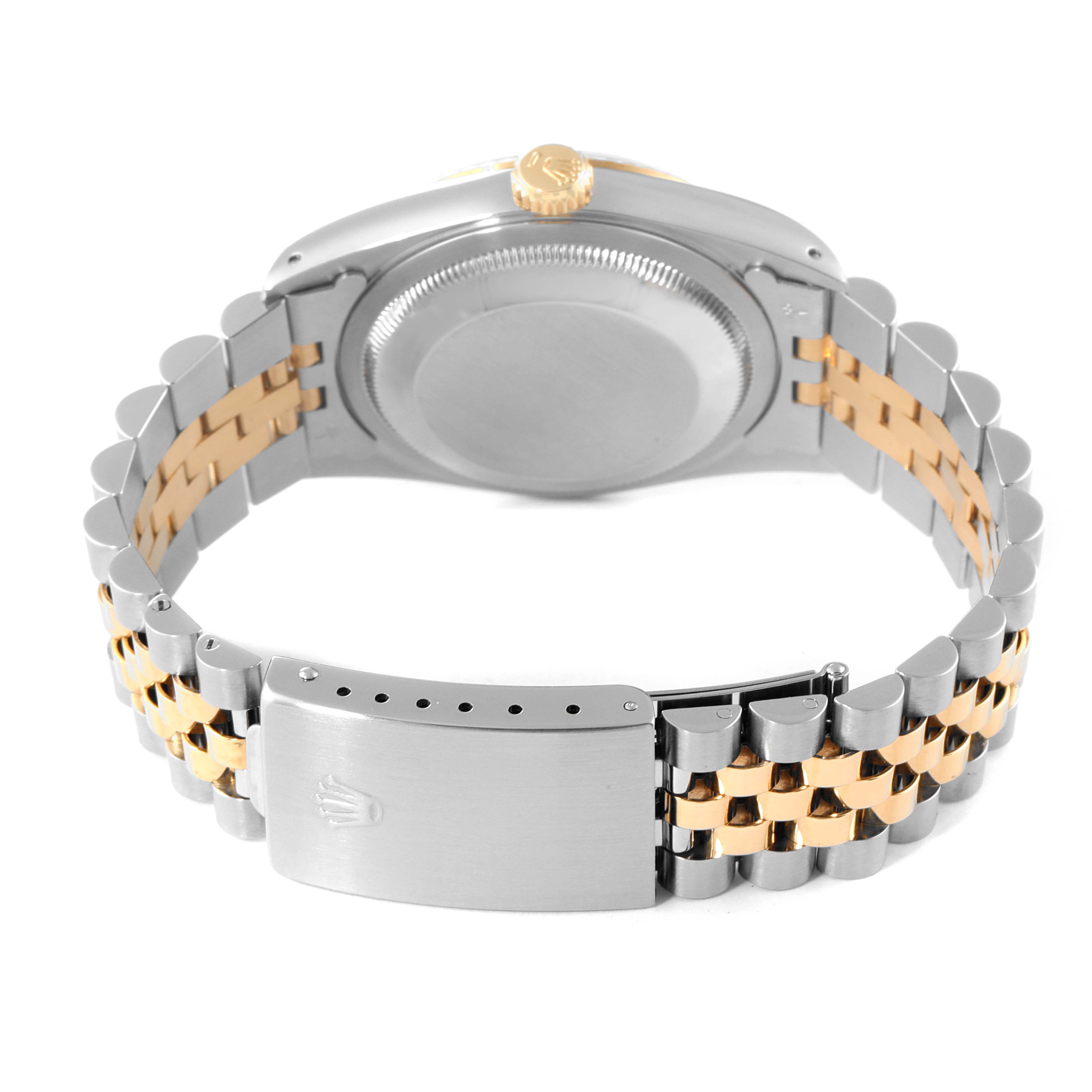 The image shows the back view of a Rolex Datejust 16233 Men's Steel and Gold (two tone) Blue Dial 16233 Men's Steel and Gold (two tone) Blue Dial watch, highlighting the case-back and two-tone bracelet with the clasp visible.