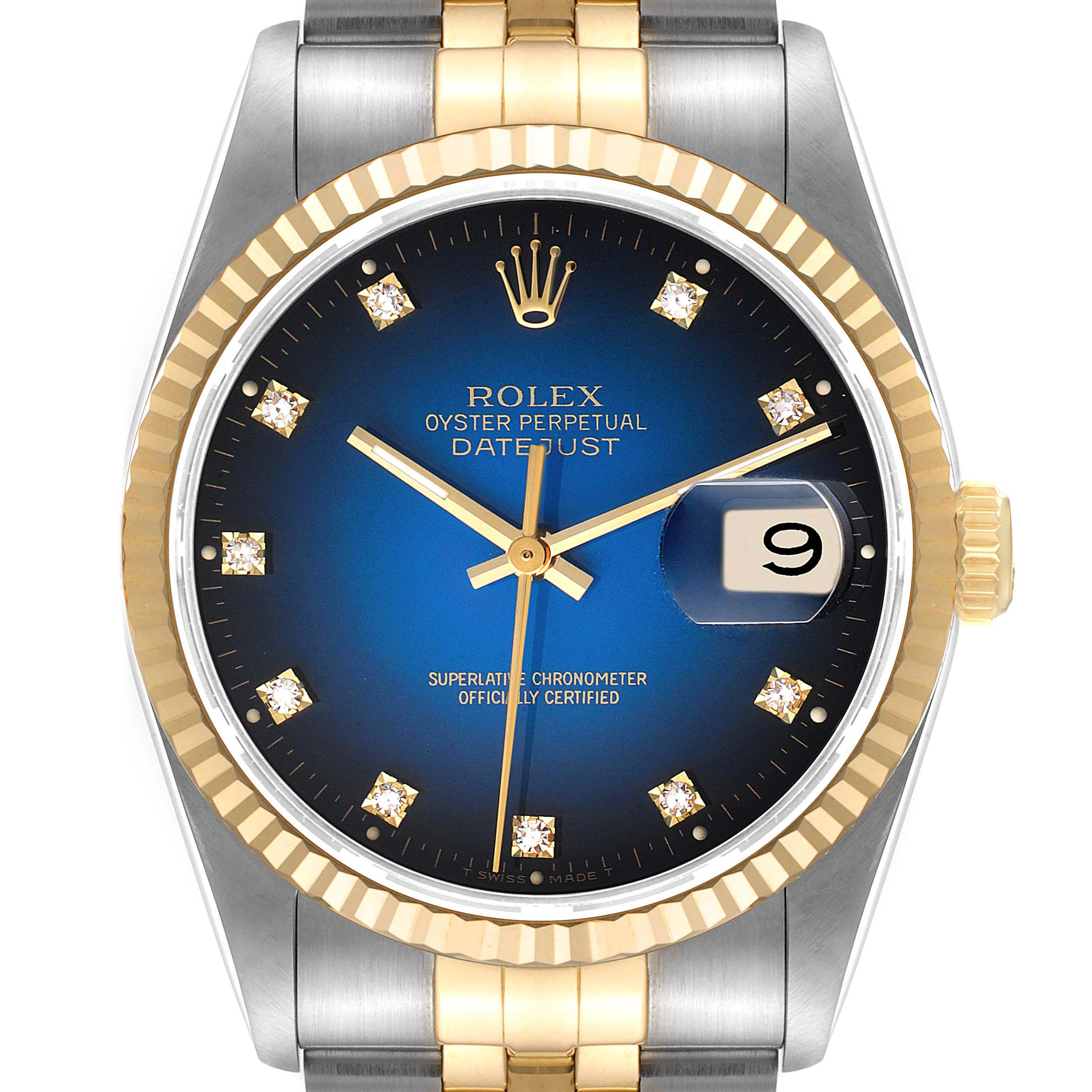 The image shows a close-up, frontal view of the Rolex Datejust 16233 Men's Steel and Gold (two tone) Blue Dial 16233 Men's Steel and Gold (two tone) Blue Dial watch, highlighting the face, bezel, and part of the bracelet.
