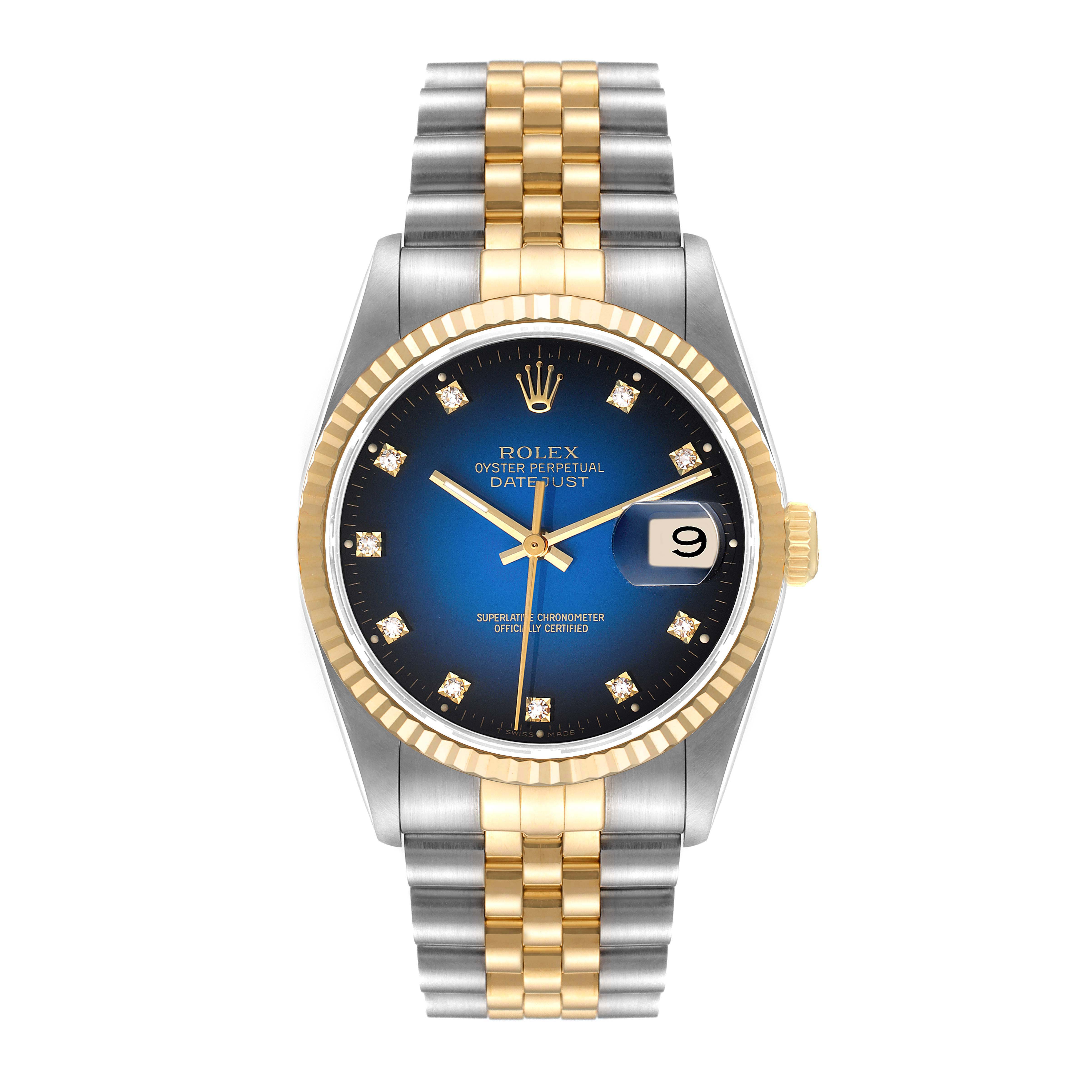 This image shows a Rolex Datejust 16233 Men's Steel and Gold (two tone) Blue Dial 16233 Men's Steel and Gold (two tone) Blue Dial watch from the front, featuring a two-tone bracelet and blue dial with date display.