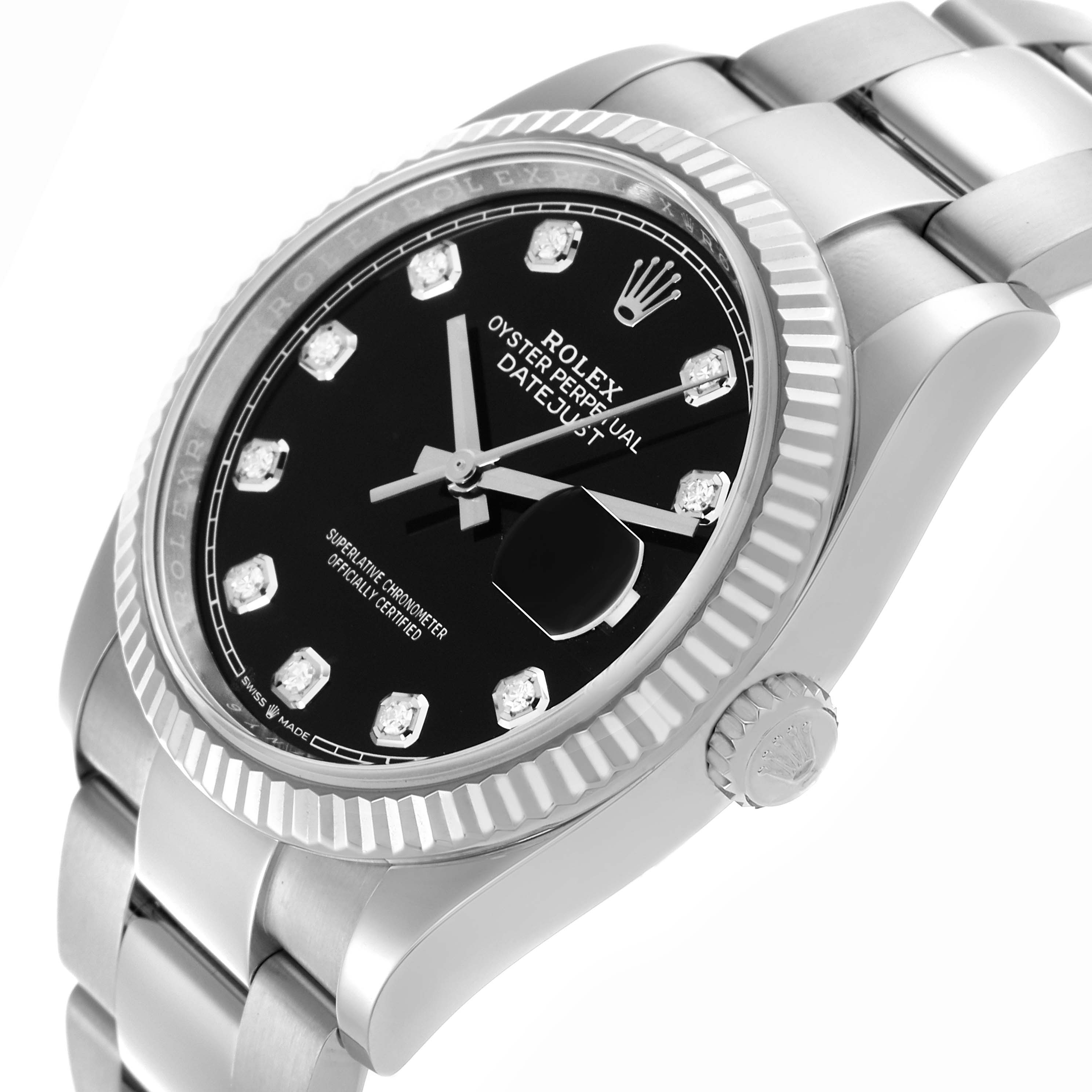 The Rolex Datejust 126234 Men's Stainless Steel Black Dial 126234 Men's Stainless Steel Black Dial watch is shown at an angle highlighting the black dial, fluted bezel, and part of the bracelet.
