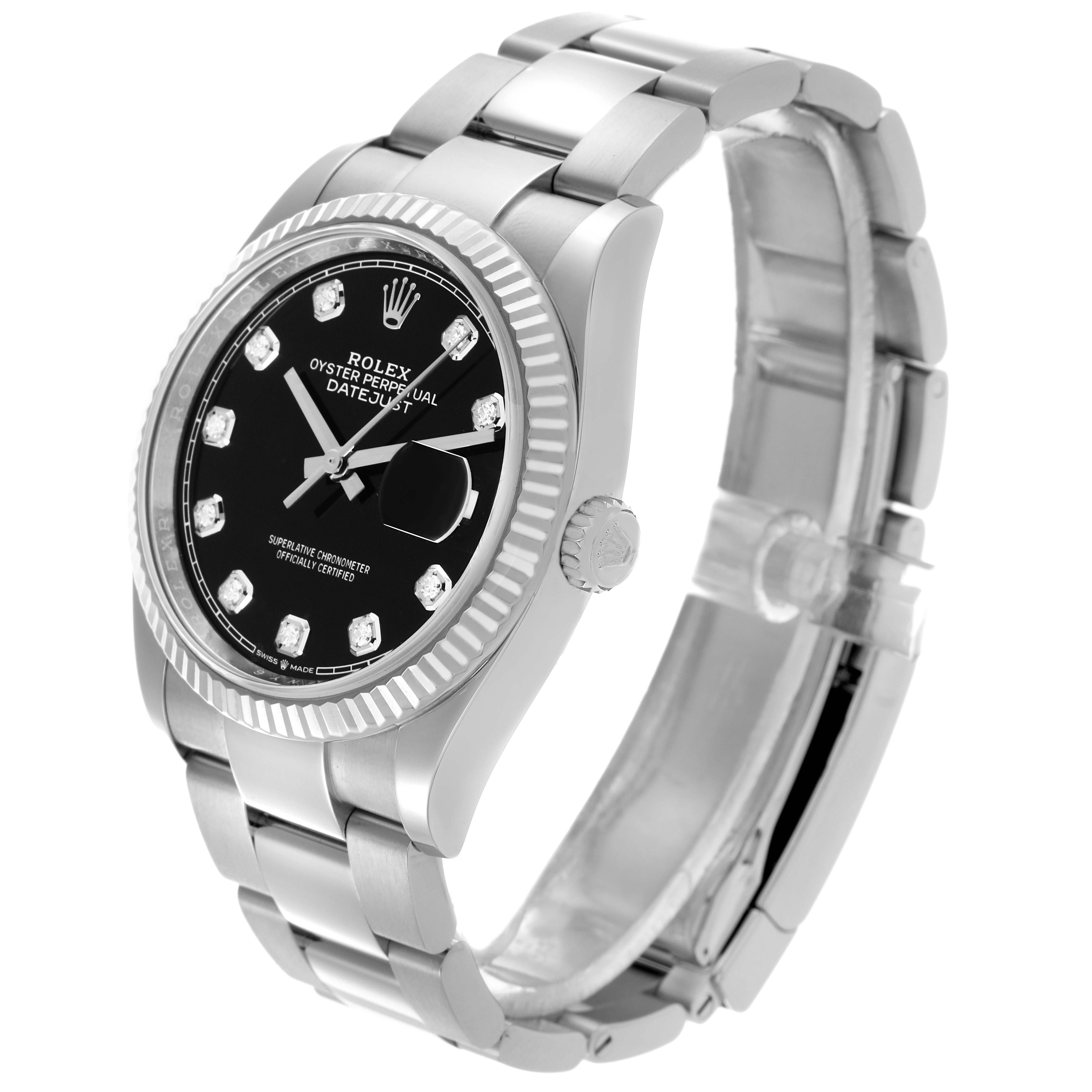 The Rolex Datejust 126234 Men's Stainless Steel Black Dial 126234 Men's Stainless Steel Black Dial watch is shown at an angled side view, highlighting its dial, fluted bezel, and stainless steel bracelet.