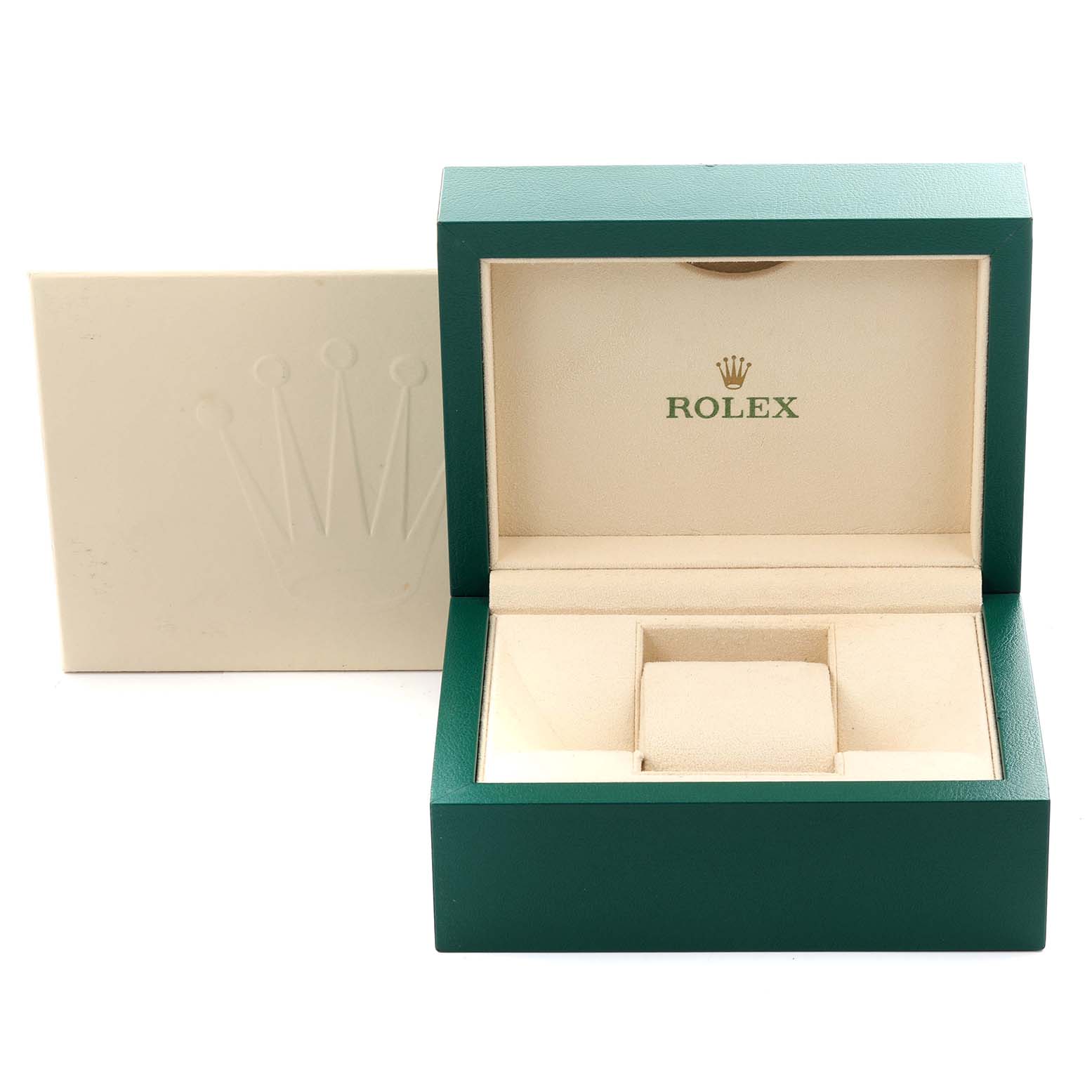 The image shows an open green Rolex Datejust 126234 Men's Stainless Steel Black Dial 126234 Men's Stainless Steel Black Dial watch box with a cream interior, displaying the Rolex logo.