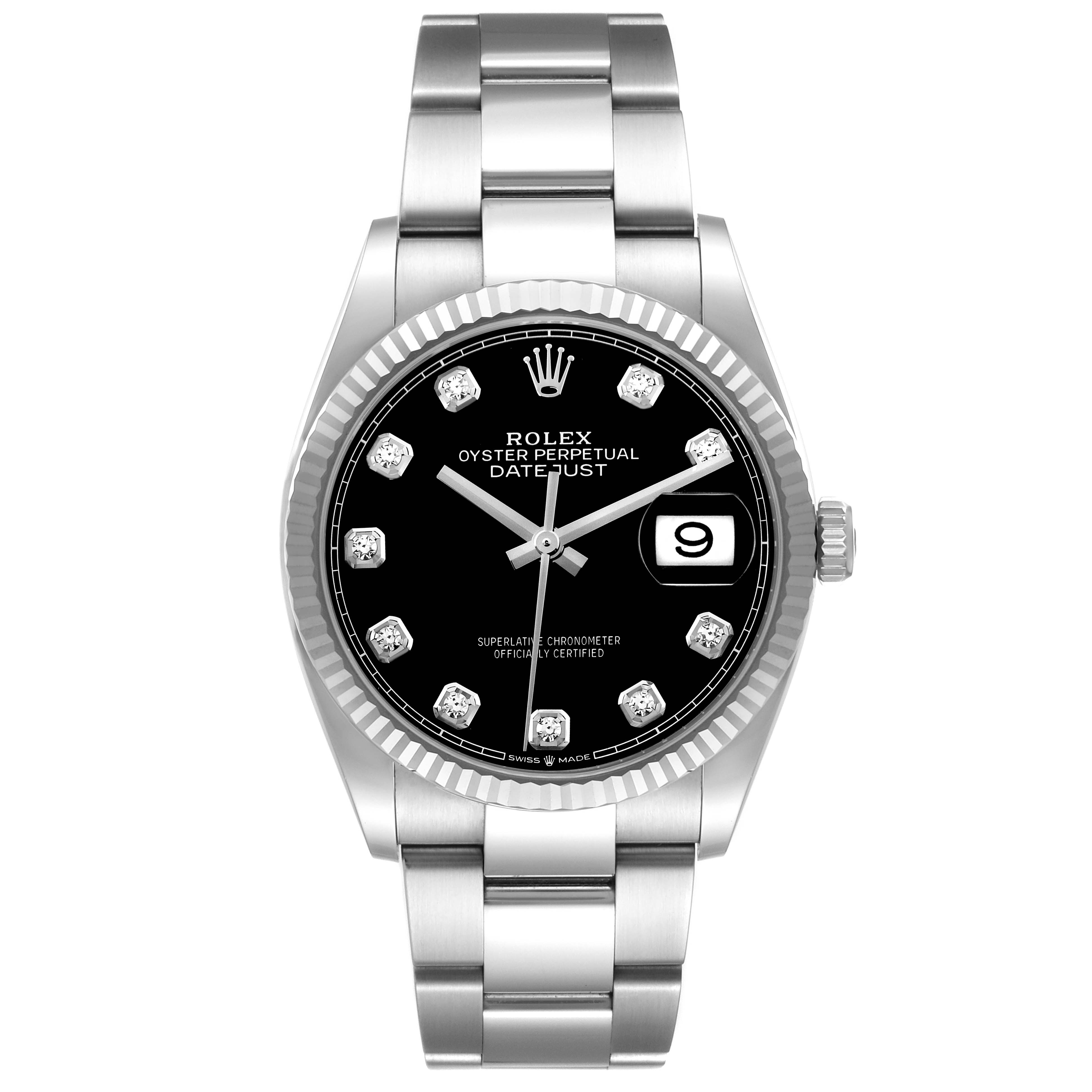 The Rolex Datejust 126234 Men's Stainless Steel Black Dial 126234 Men's Stainless Steel Black Dial watch is shown front-on, displaying its black dial, diamond hour markers, and metal bracelet.
