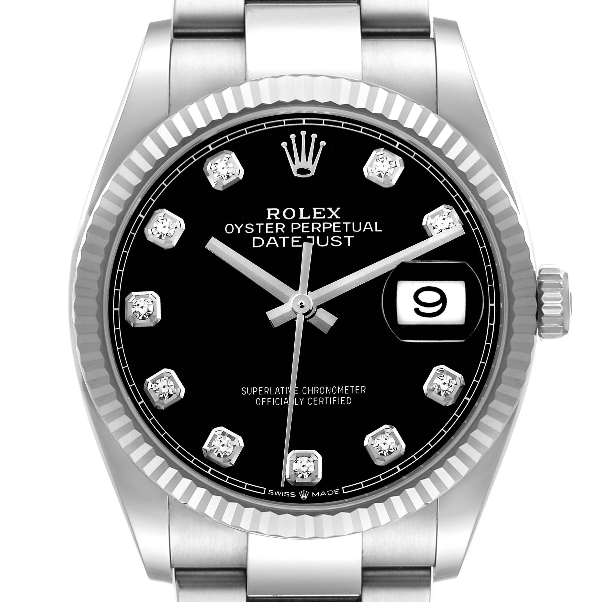 The Rolex Datejust 126234 Men's Stainless Steel Black Dial 126234 Men's Stainless Steel Black Dial is shown from the front, highlighting the dial, fluted bezel, and bracelet top.
