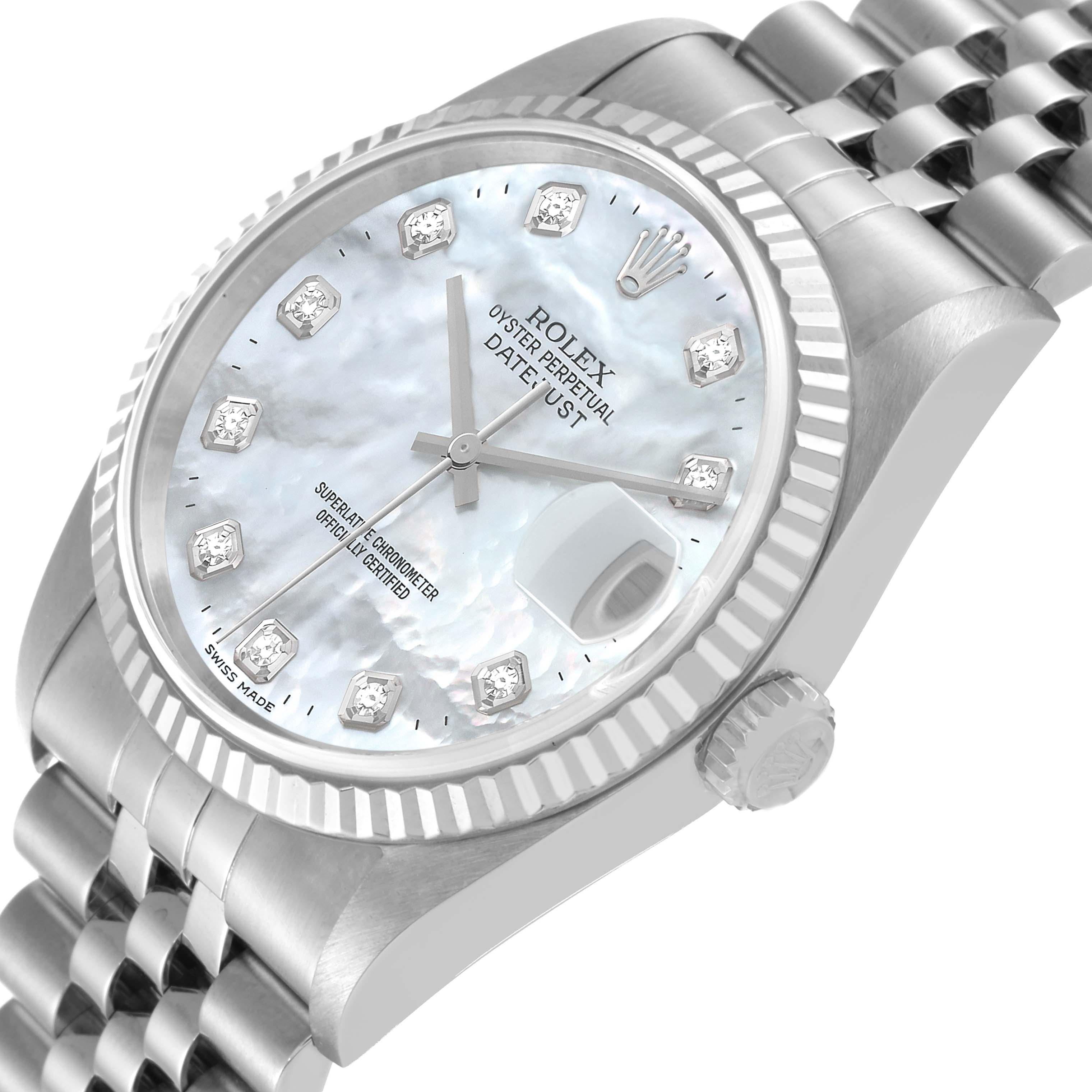The image shows a close-up angled view of the Rolex Datejust 16234 Men's Stainless Steel Mother of Pearl Dial 16234 Men's Stainless Steel Mother of Pearl Dial watch, featuring the dial, bezel, and part of the bracelet.