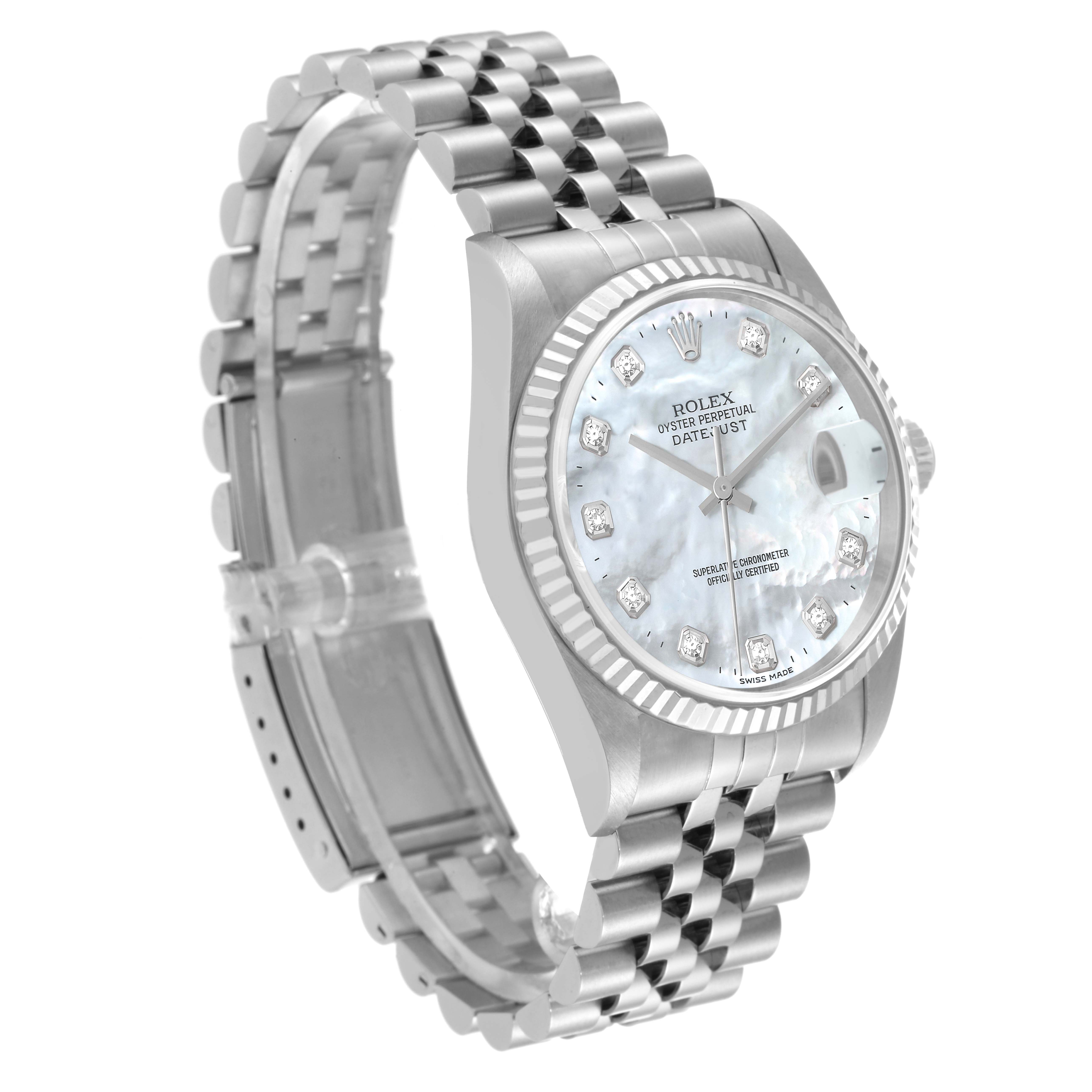 This image shows a Rolex Datejust 16234 Men's Stainless Steel Mother of Pearl Dial 16234 Men's Stainless Steel Mother of Pearl Dial watch from an oblique angle, displaying the bracelet, bezel, and dial.
