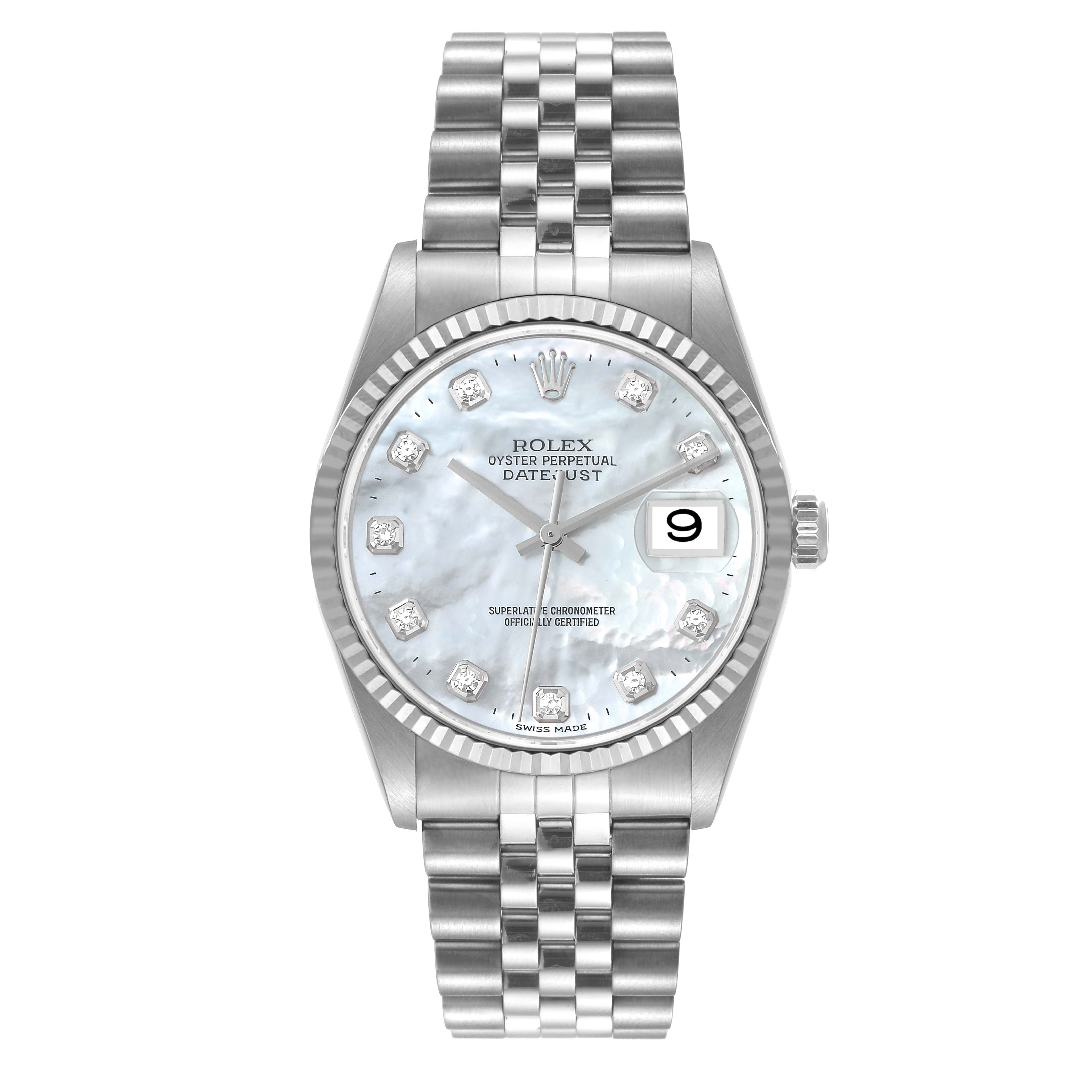 This is a front view of a Rolex Datejust 16234 Men's Stainless Steel Mother of Pearl Dial 16234 Men's Stainless Steel Mother of Pearl Dial watch, showing the dial, bezel, crown, and bracelet.