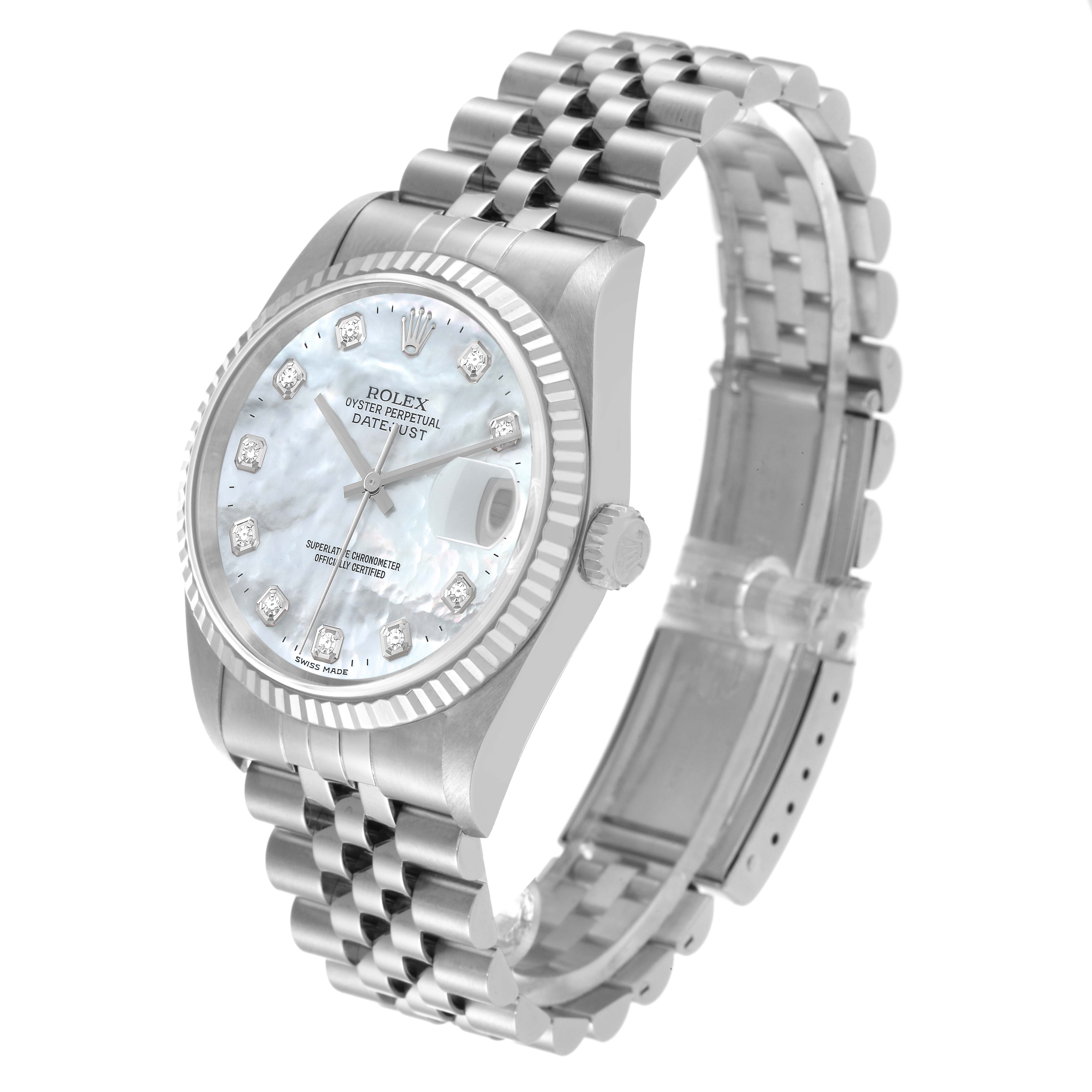 The Rolex Datejust 16234 Men's Stainless Steel Mother of Pearl Dial 16234 Men's Stainless Steel Mother of Pearl Dial watch is displayed at a three-quarter angle, highlighting its face, bezel, crown, and bracelet.