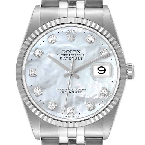 Photo of Rolex Datejust Steel White Gold Mother of Pearl Diamond Mens Watch 16234 Box Papers
