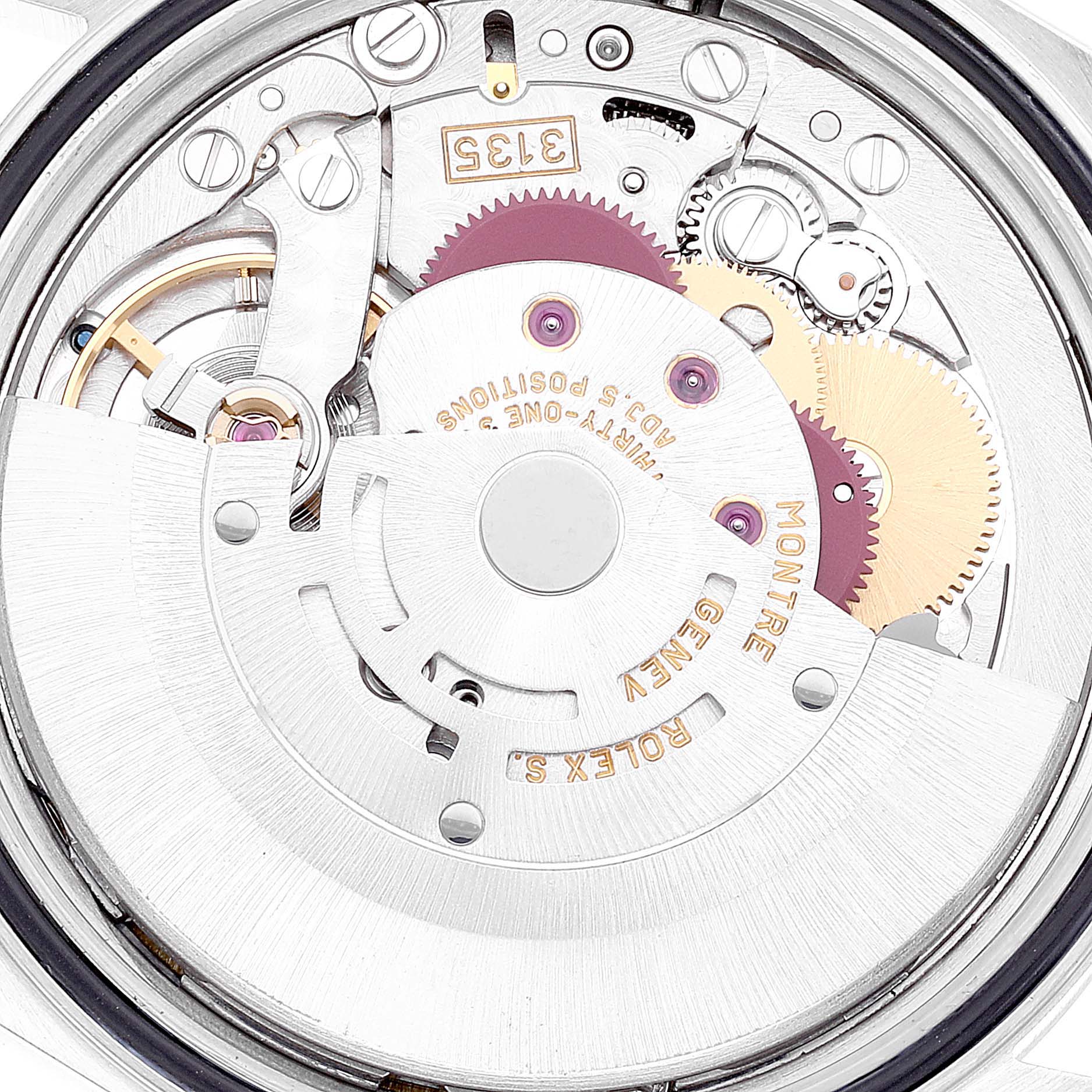 This image shows the movement mechanism of a Rolex Datejust 16234 Men's Stainless Steel Mother of Pearl Dial 16234 Men's Stainless Steel Mother of Pearl Dial watch from a close-up, detailed angle.