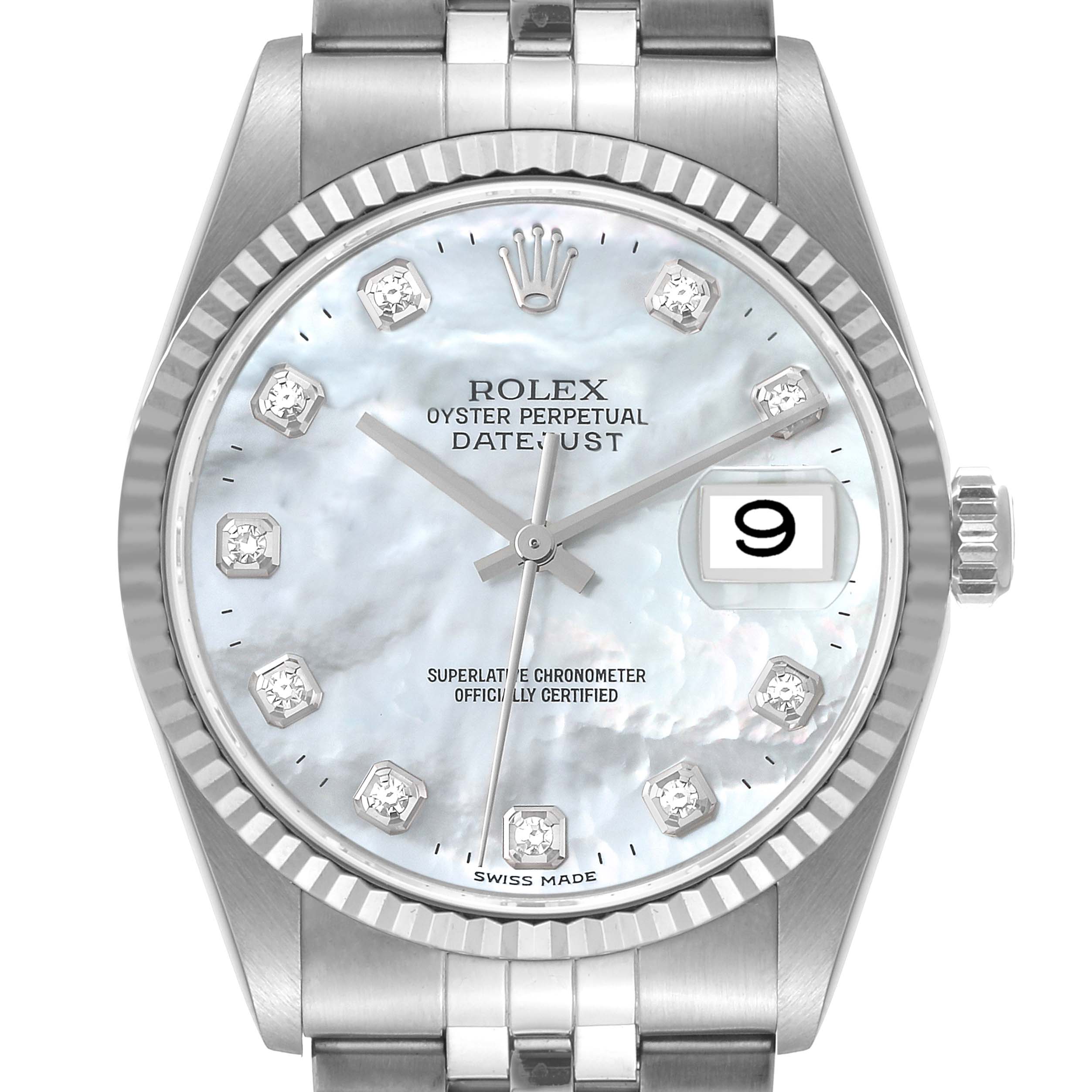 The image shows a front view of a Rolex Datejust 16234 Men's Stainless Steel Mother of Pearl Dial 16234 Men's Stainless Steel Mother of Pearl Dial watch, highlighting its dial, bezel, and bracelet.