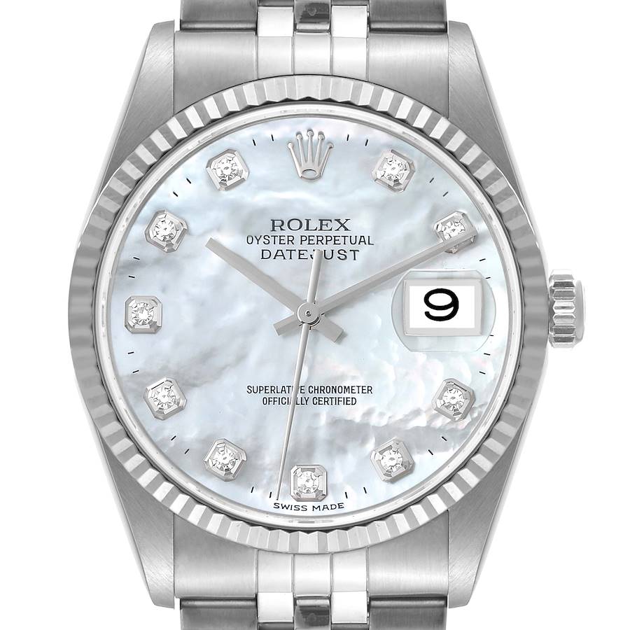 Rolex Datejust Steel White Gold Mother of Pearl Diamond Mens Watch 16234 Box Papers SwissWatchExpo