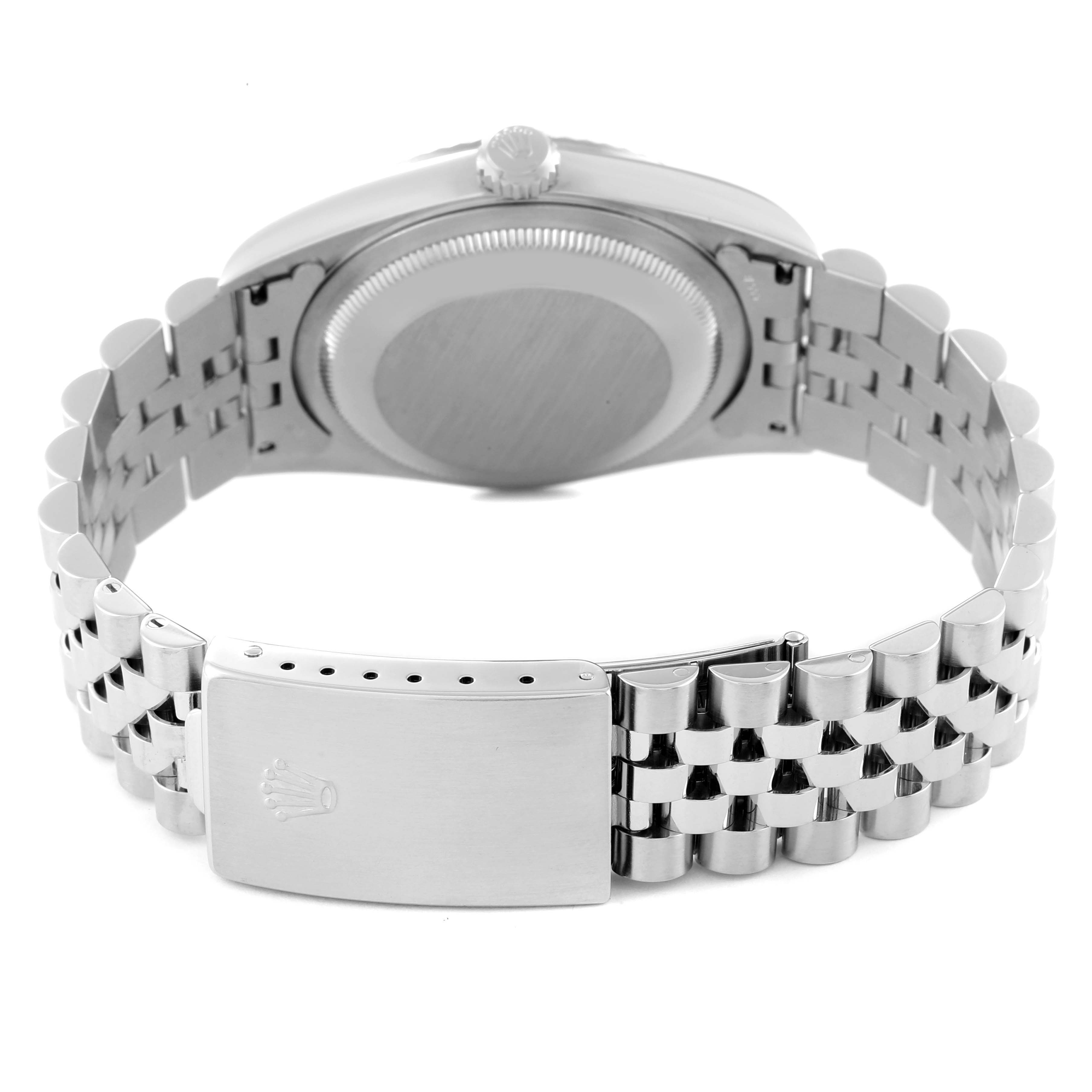 The image shows the case back and clasp of the Rolex Datejust 16234 Men's Stainless Steel Mother of Pearl Dial 16234 Men's Stainless Steel Mother of Pearl Dial, with a focus on the bracelet and crown logo on the clasp.