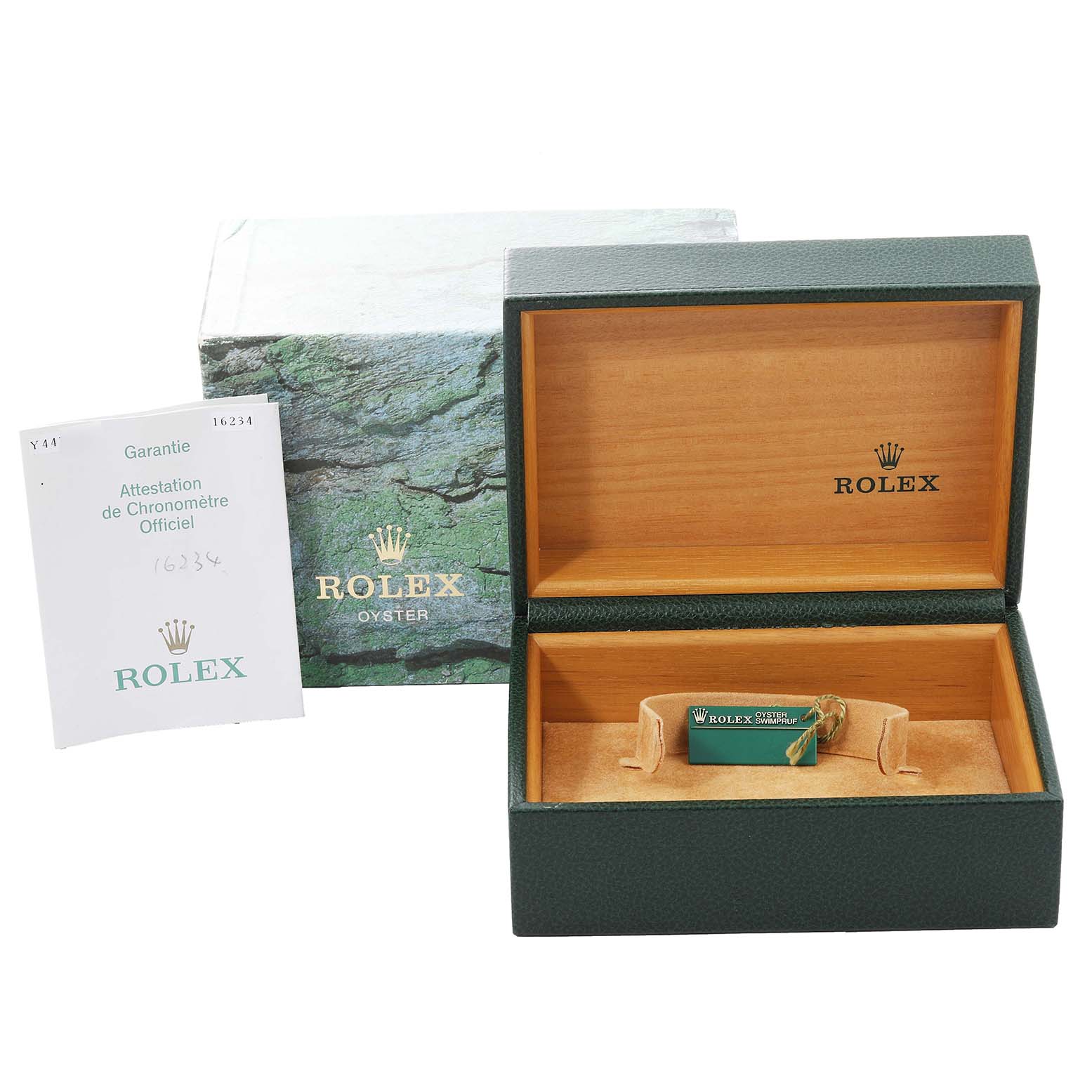 The image shows a Rolex Datejust 16234 Men's Stainless Steel Mother of Pearl Dial 16234 Men's Stainless Steel Mother of Pearl Dial watch box, certificate, and tag at a front angle.