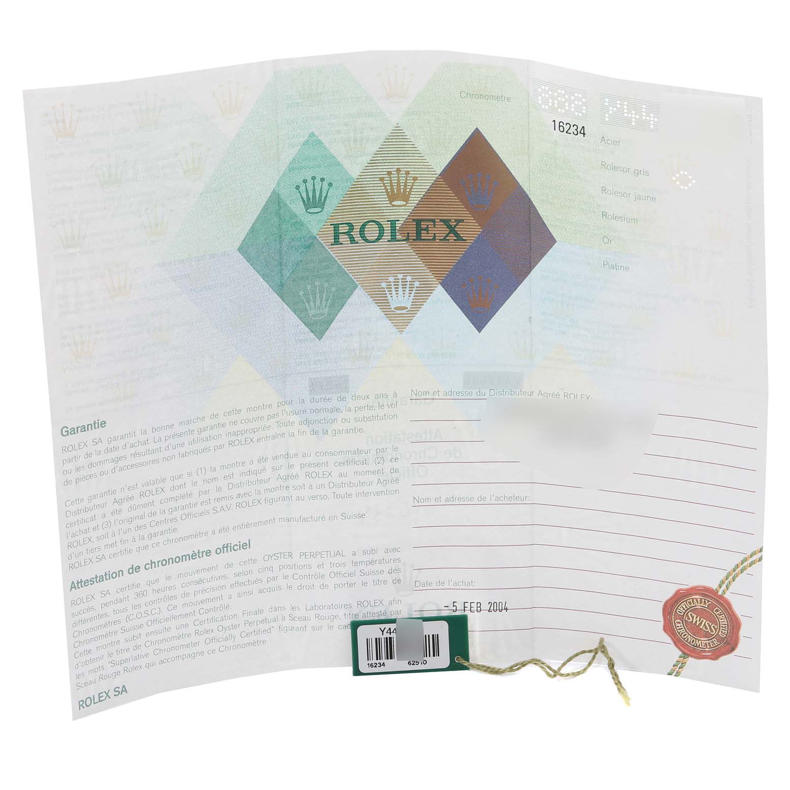 This image shows the official warranty and chronometer certification papers for a Rolex Datejust 16234 Men's Stainless Steel Mother of Pearl Dial 16234 Men's Stainless Steel Mother of Pearl Dial watch.