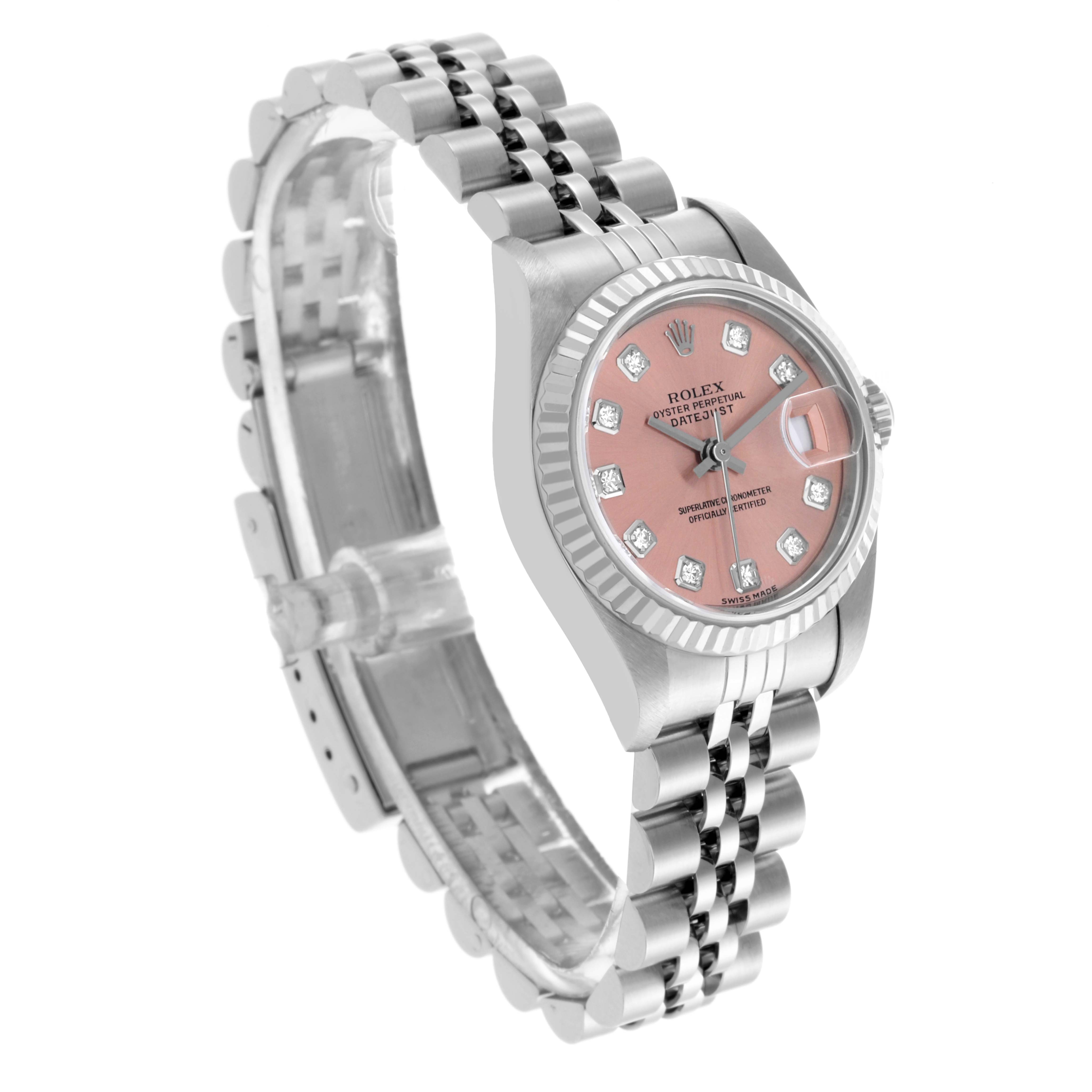 The Rolex Datejust 79174 Women's Stainless Steel Pink Dial 79174 Women's Stainless Steel Pink Dial watch is shown at an angle highlighting the face, bezel, and bracelet prominently.
