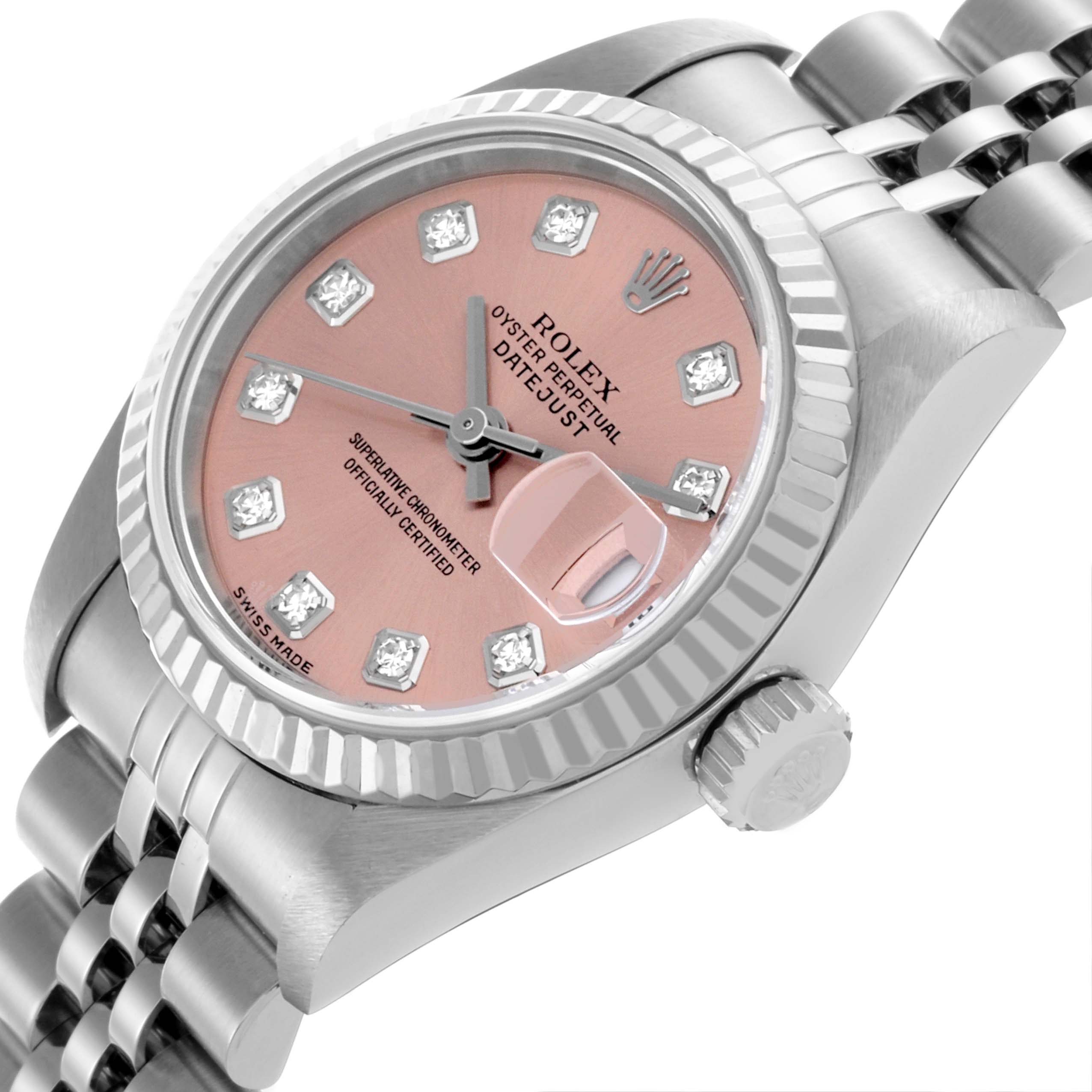 The Rolex Datejust 79174 Women's Stainless Steel Pink Dial 79174 Women's Stainless Steel Pink Dial watch is shown at an angle highlighting the dial, bezel, crown, and part of the bracelet.