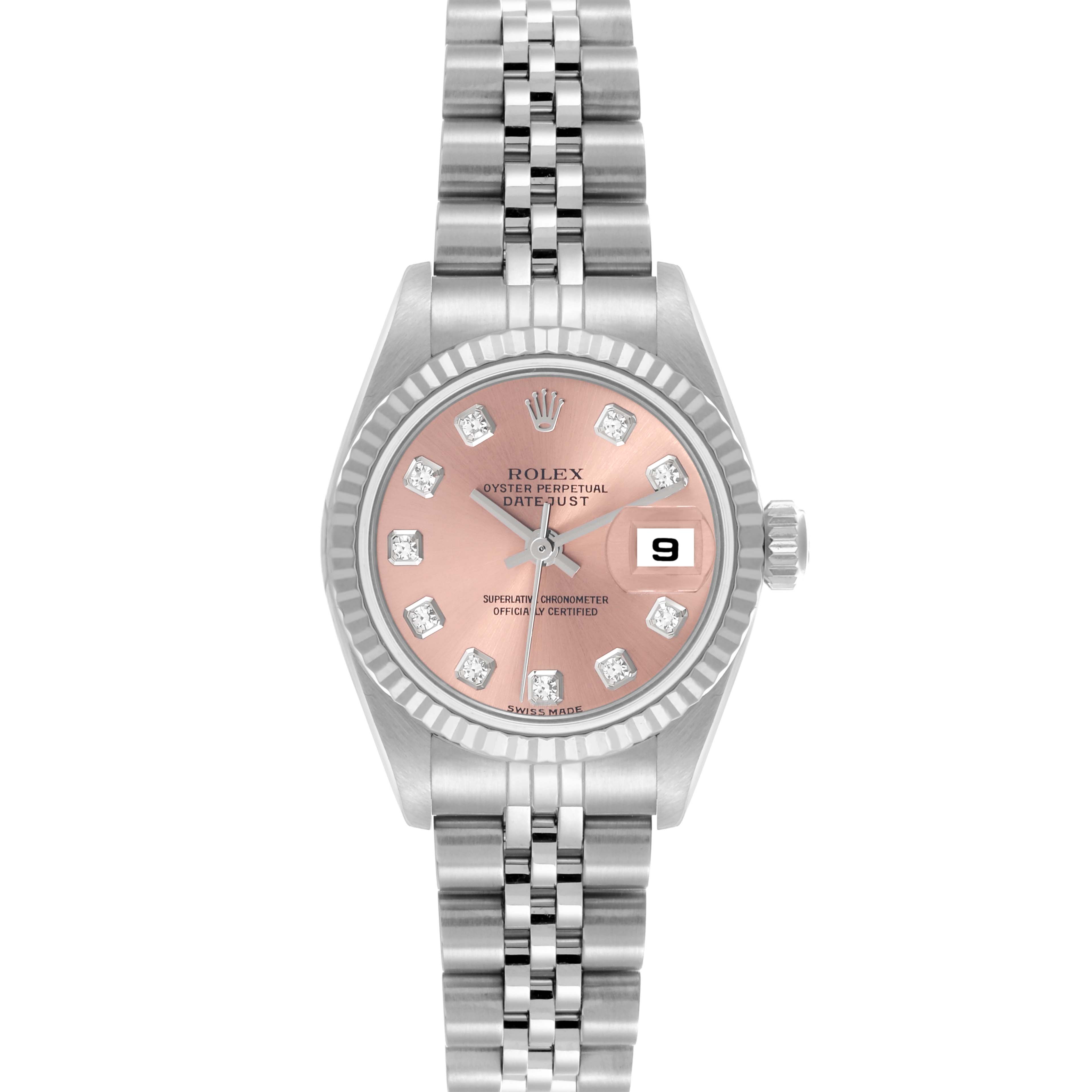 The Rolex Datejust 79174 Women's Stainless Steel Pink Dial 79174 Women's Stainless Steel Pink Dial watch is shown from the front, displaying its dial, bezel, crown, and bracelet.