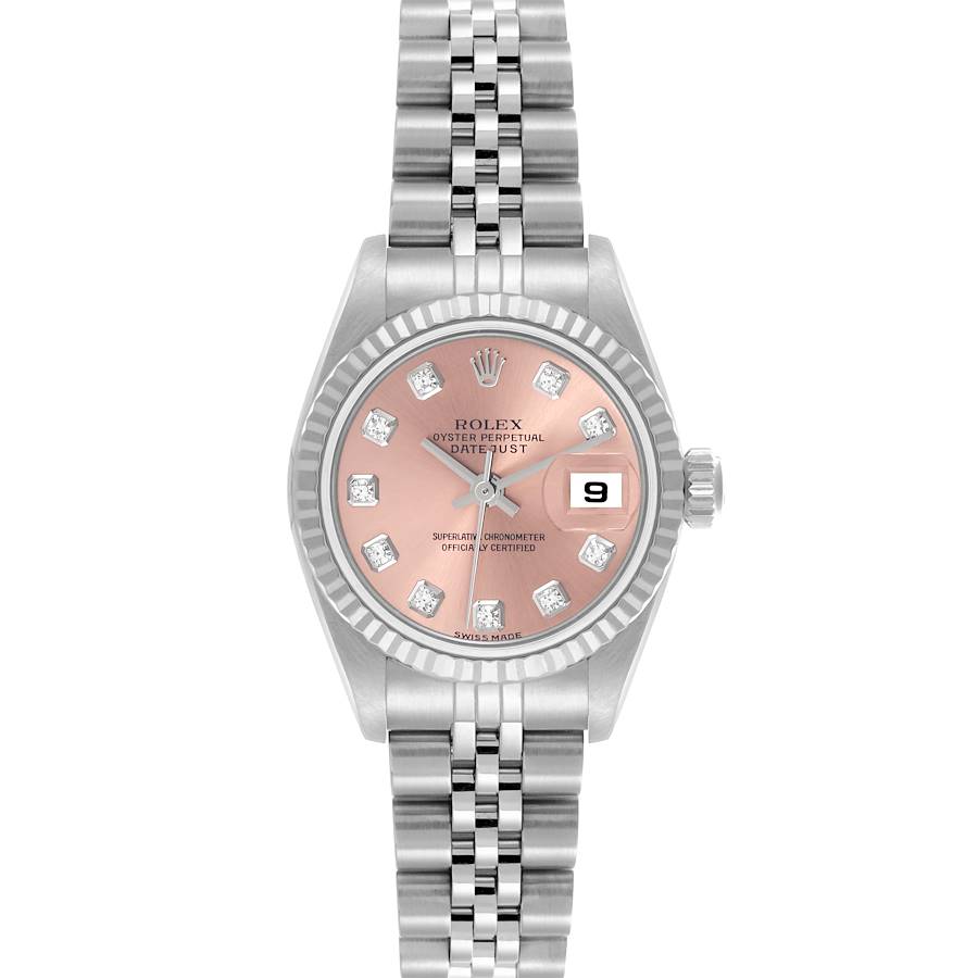 The Rolex Datejust watch is shown from the front, displaying its dial, bezel, crown, and bracelet.