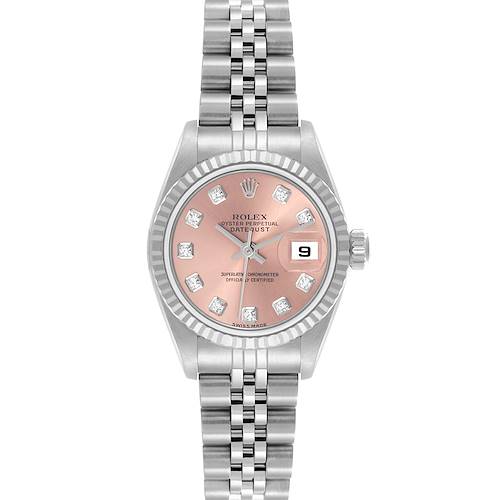 The Rolex Datejust is shown from the front, displaying the face, bezel, and part of the bracelet.