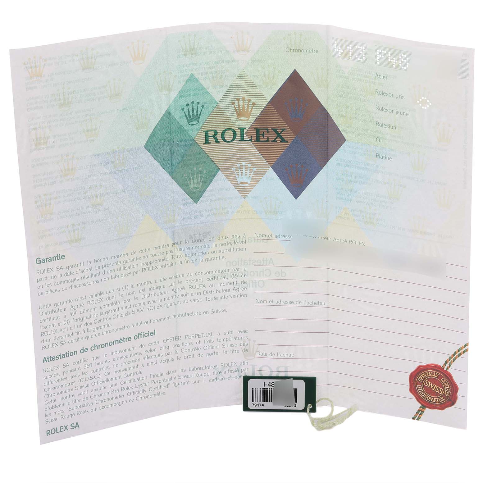 The image shows a folded certificate or warranty card for the Rolex Datejust 79174 Women's Stainless Steel Pink Dial 79174 Women's Stainless Steel Pink Dial, featuring the Rolex logo and Swiss writing.