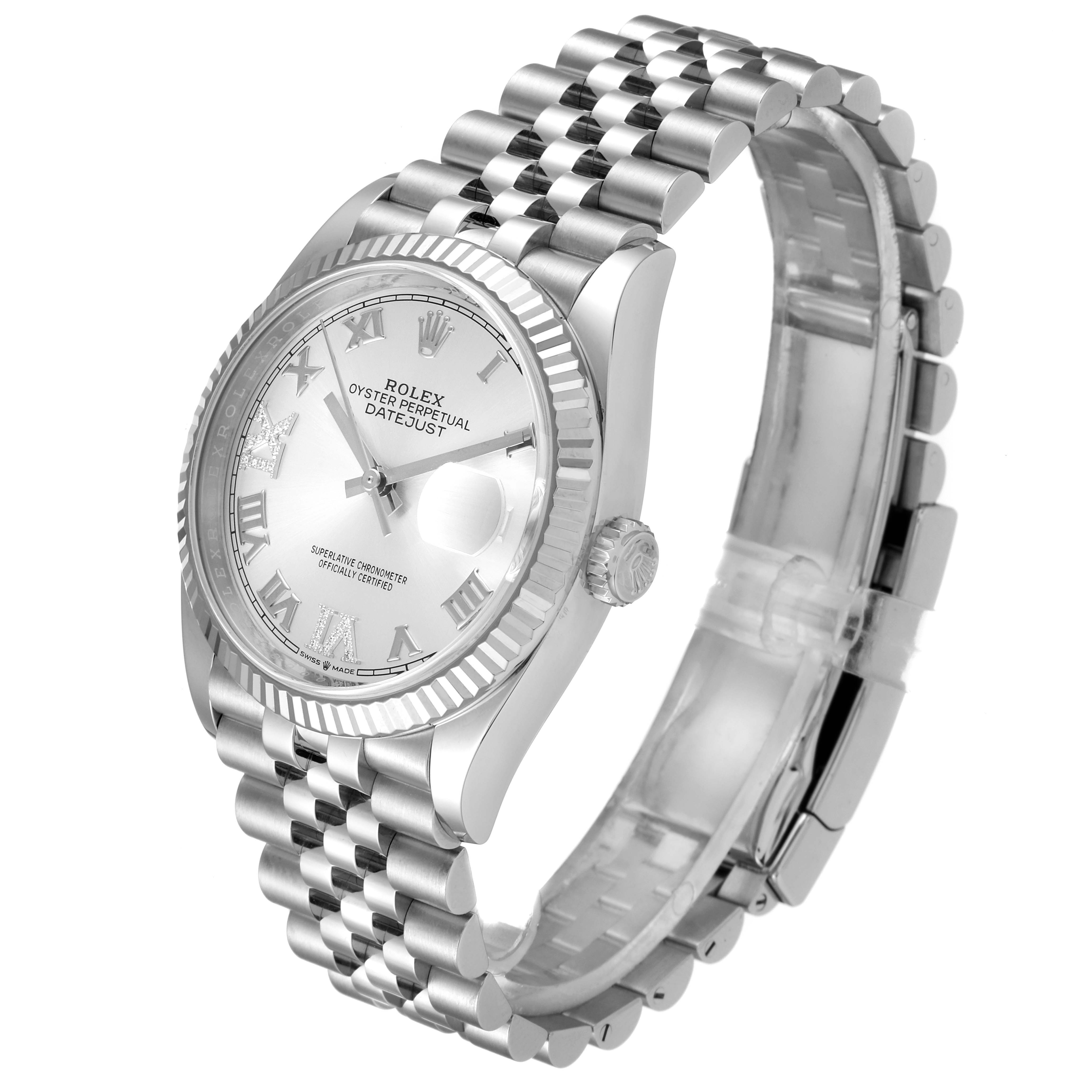The image shows a Rolex Datejust 126234 Men's Stainless Steel Silver Dial 126234 Men's Stainless Steel Silver Dial watch at an angled view highlighting the dial, bezel, crown, and jubilee bracelet.