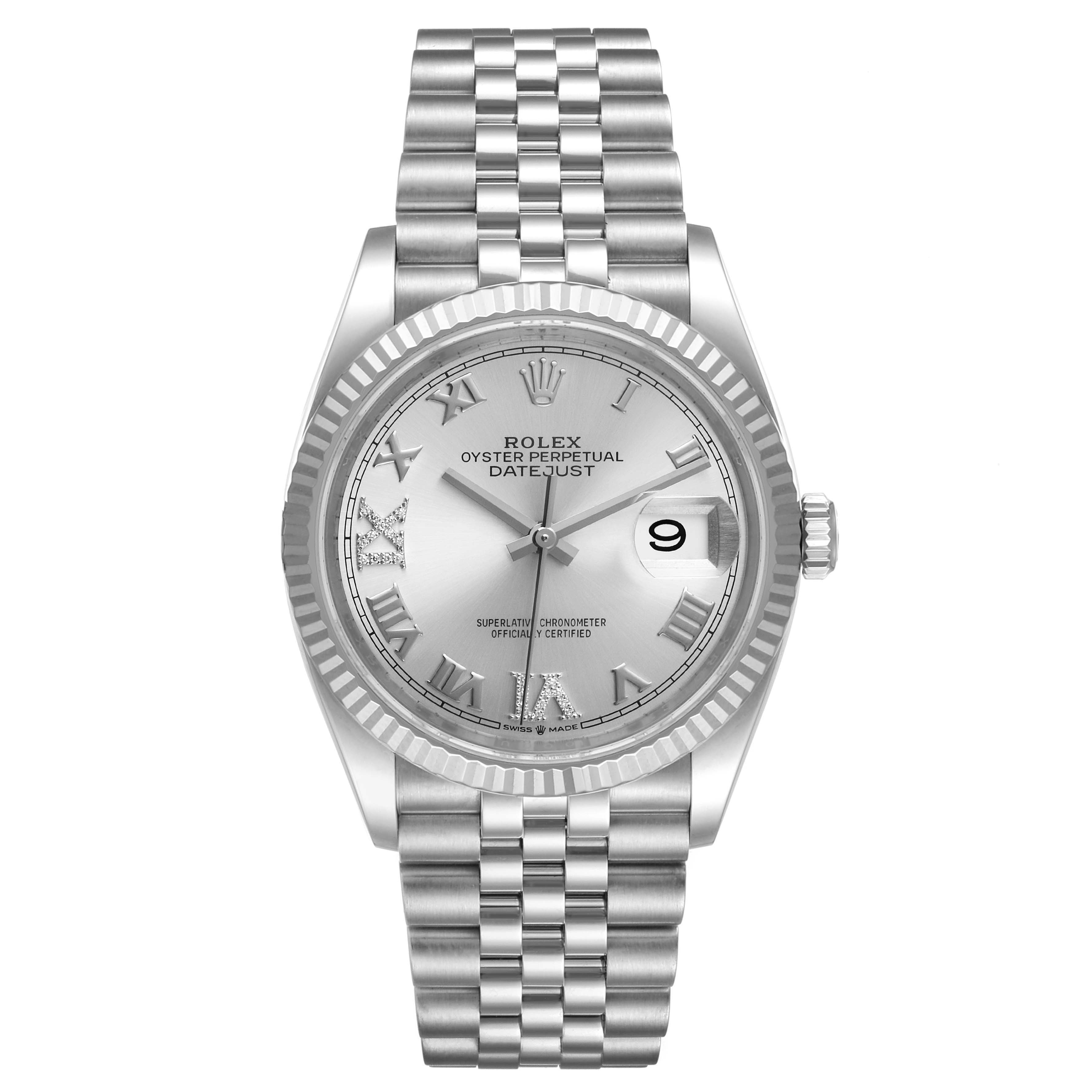 This image shows a front view of a Rolex Datejust 126234 Men's Stainless Steel Silver Dial 126234 Men's Stainless Steel Silver Dial, highlighting the dial, fluted bezel, jubilee bracelet, and date window.