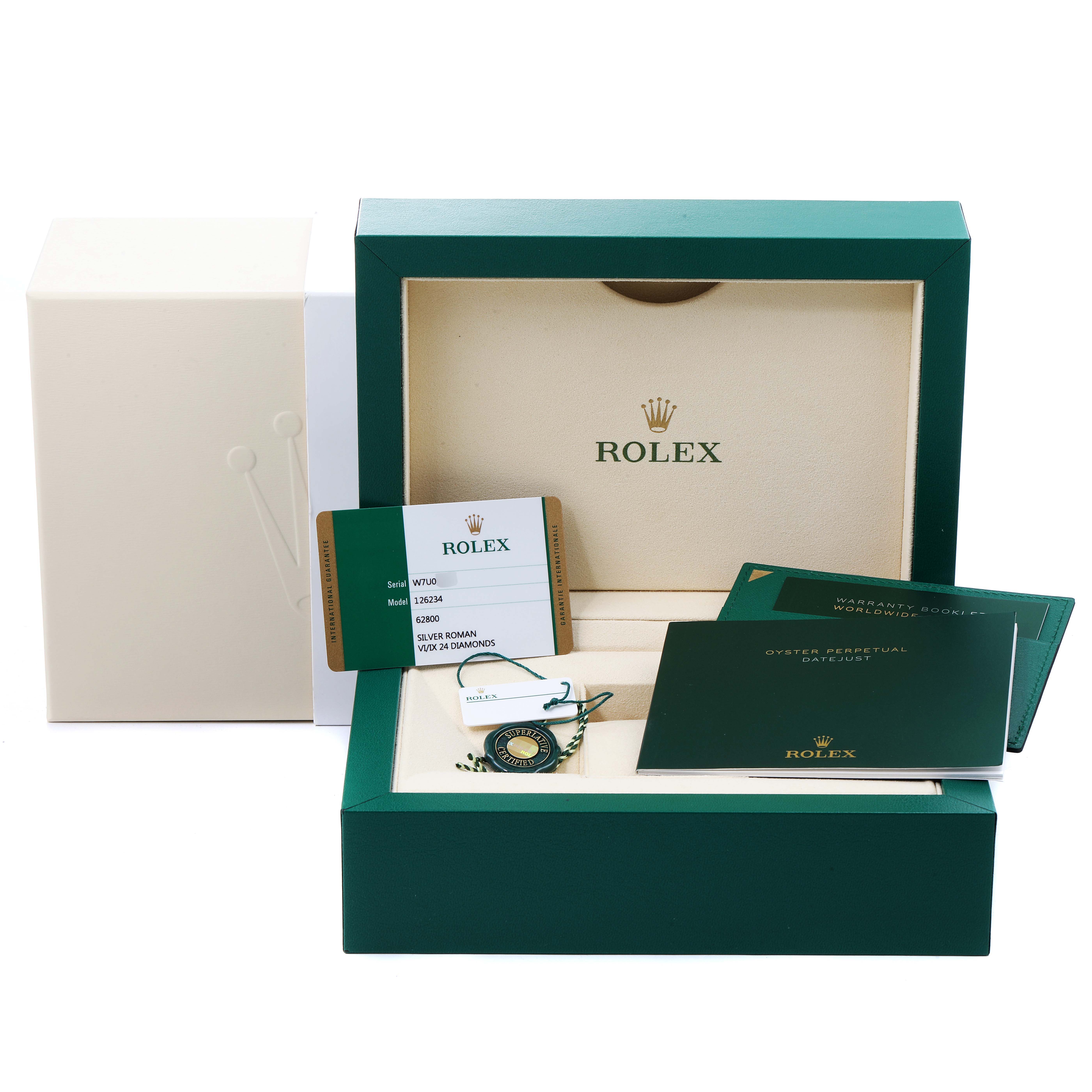 The image shows the packaging and accessories, including warranty and authenticity cards, for a Rolex Datejust 126234 Men's Stainless Steel Silver Dial 126234 Men's Stainless Steel Silver Dial watch.