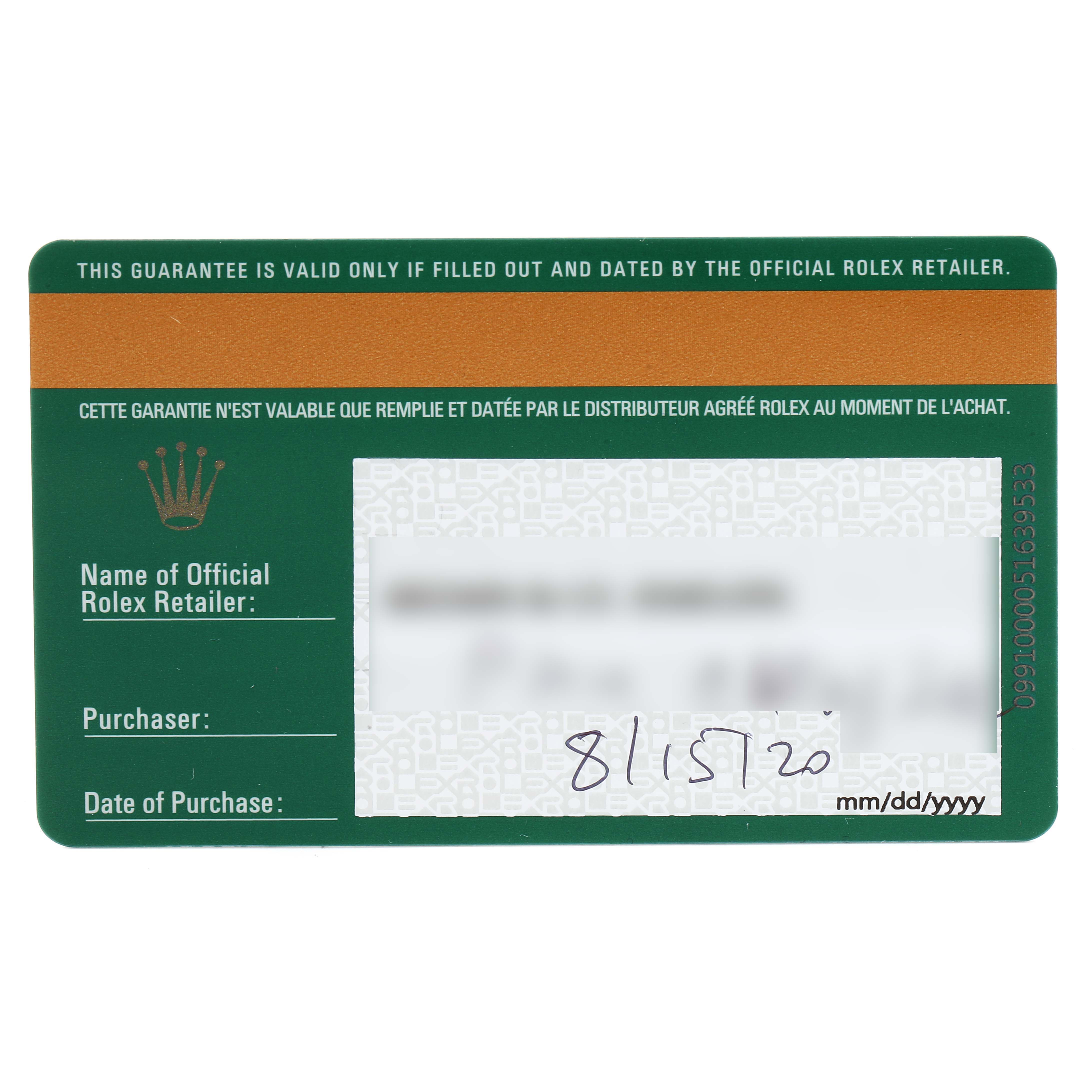 The image shows the warranty card for a Rolex Datejust 126234 Men's Stainless Steel Silver Dial 126234 Men's Stainless Steel Silver Dial watch, featuring retailer, purchaser details, and the date of purchase.