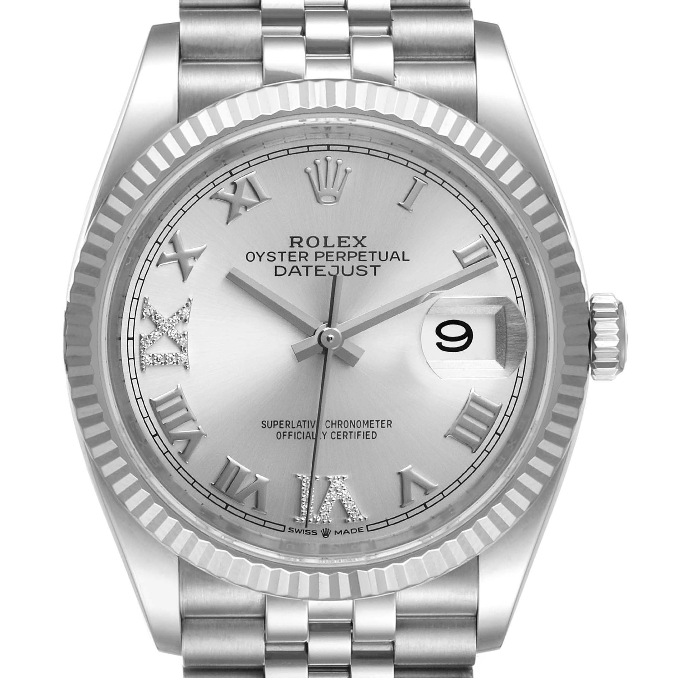 The image shows a front view of the Rolex Datejust 126234 Men's Stainless Steel Silver Dial 126234 Men's Stainless Steel Silver Dial watch, highlighting its dial, bezel, crown, and part of the bracelet.