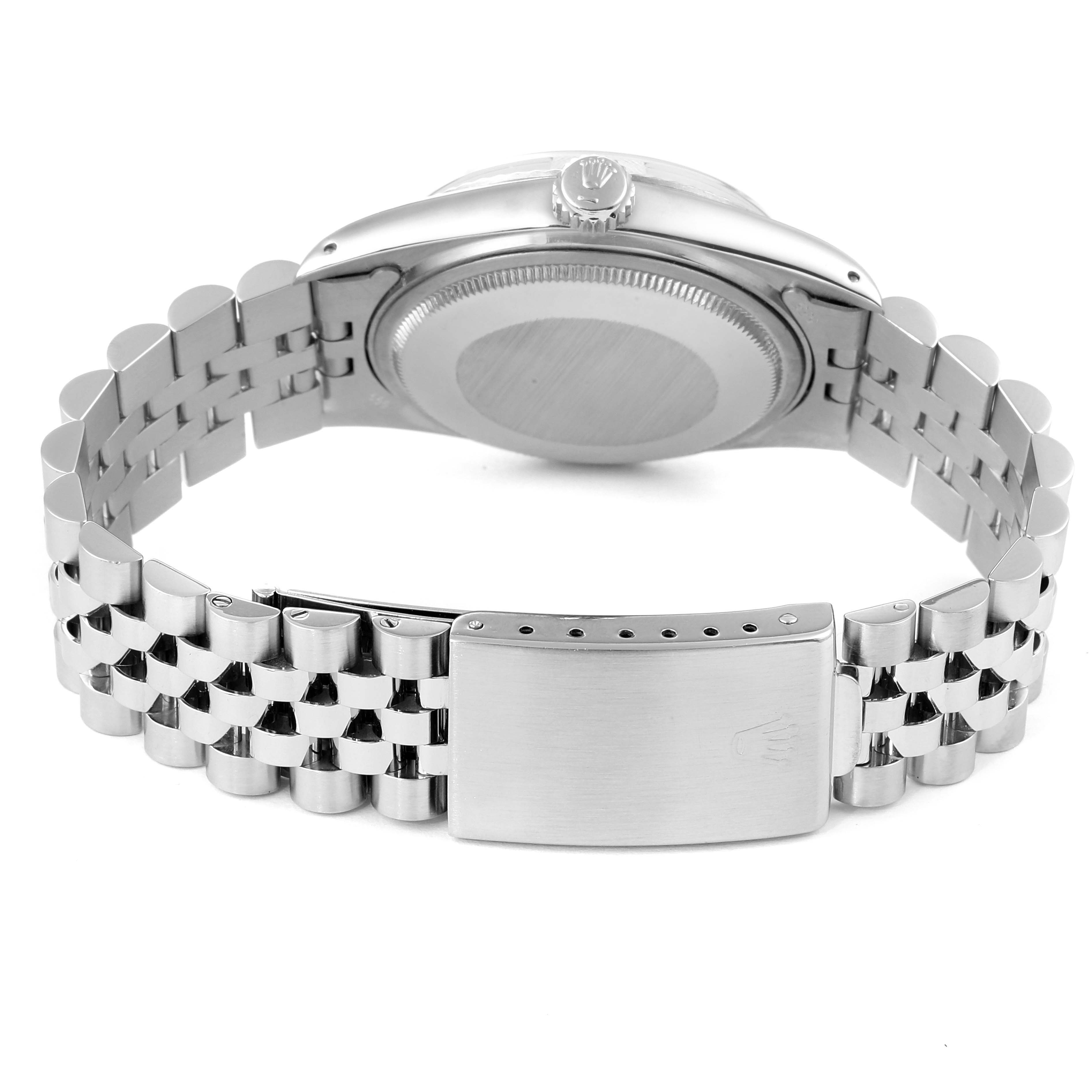 The image shows the back view of a Rolex Vintage Collection 16014 Men's Stainless Steel Silver Dial 16014 Men's Stainless Steel Silver Dial watch, highlighting the case back and part of the bracelet and clasp.