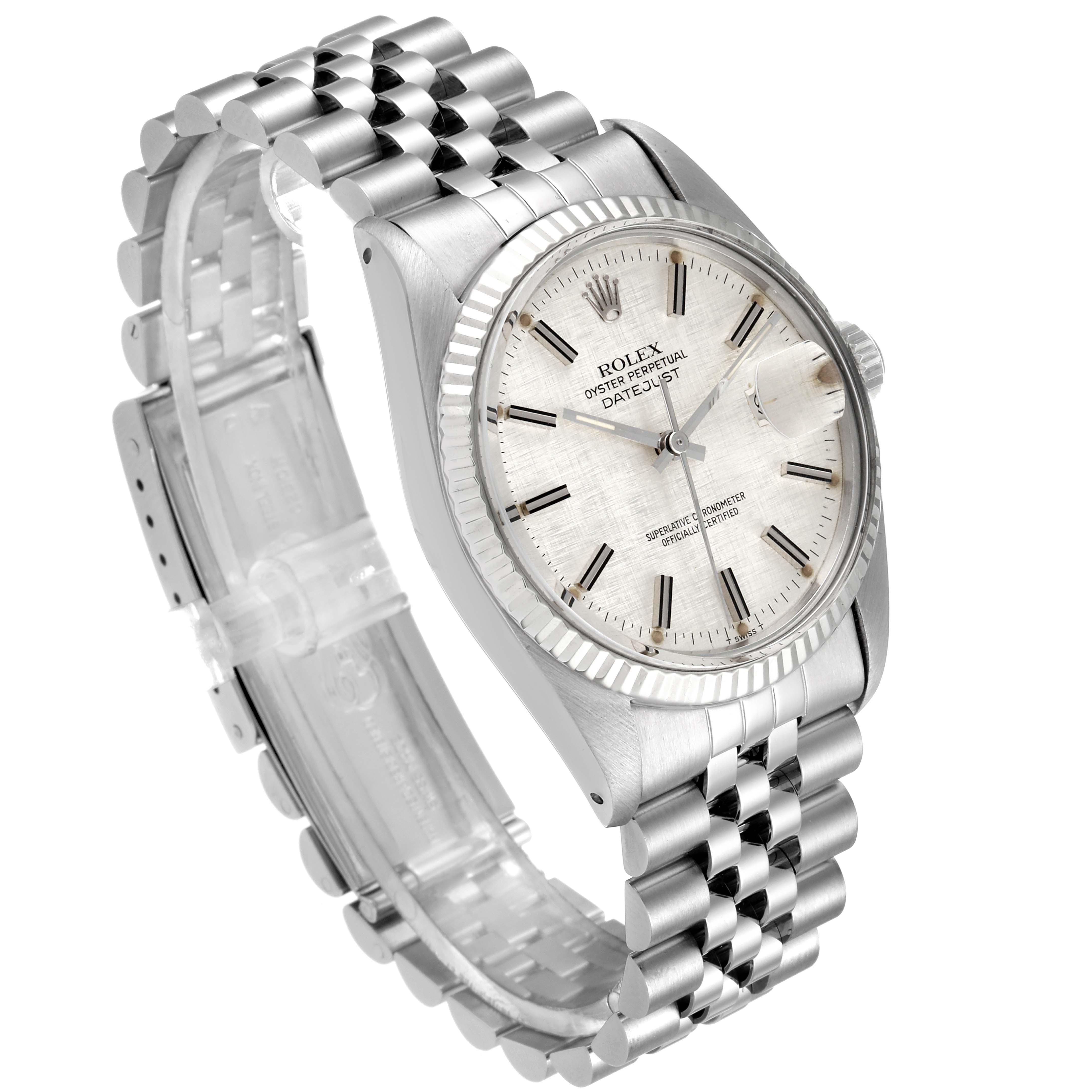 The image shows a Rolex Vintage Collection 16014 Men's Stainless Steel Silver Dial 16014 Men's Stainless Steel Silver Dial Datejust watch with a silver dial, fluted bezel, and Jubilee bracelet, angled slightly left.