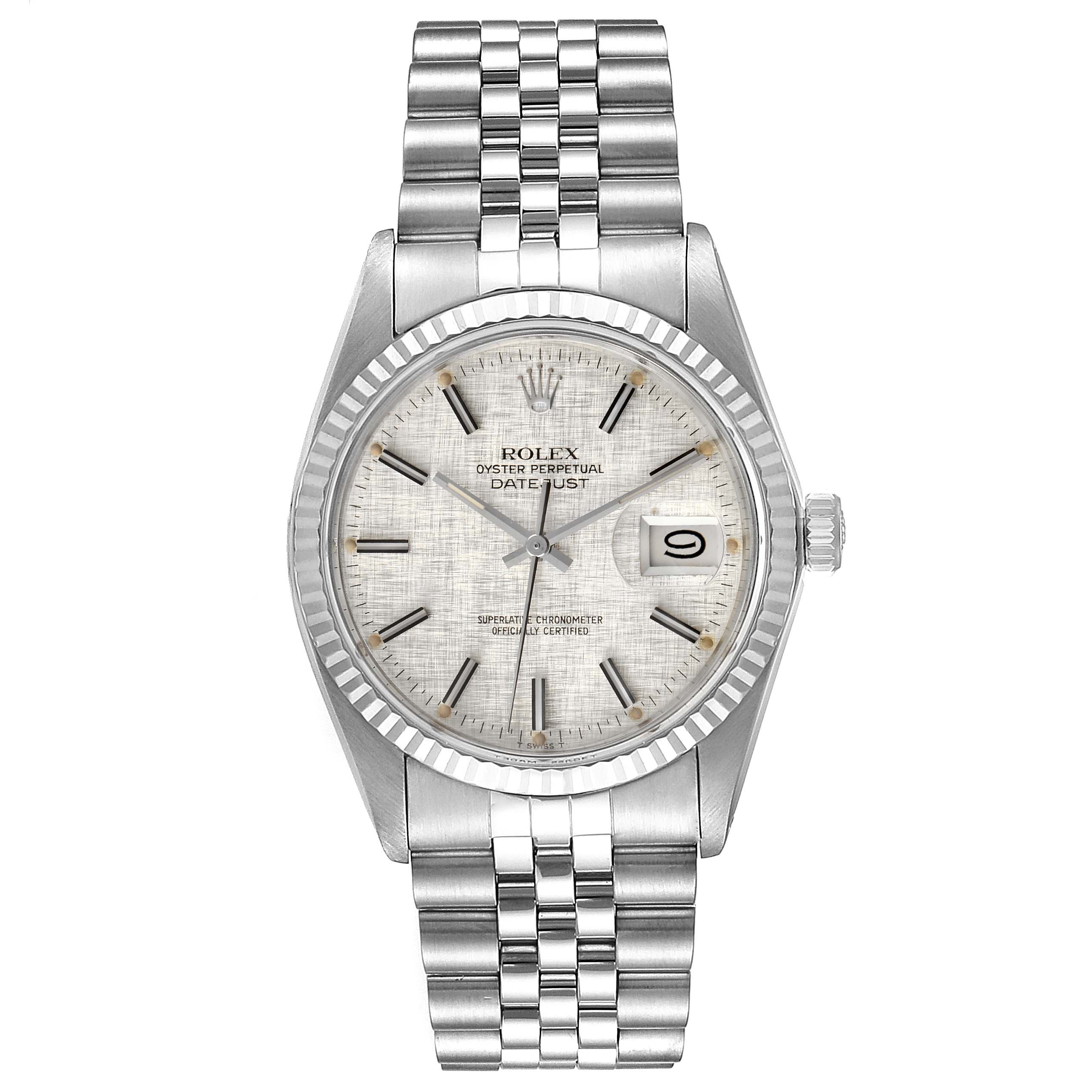 The image shows a front view of the Rolex Vintage Collection 16014 Men's Stainless Steel Silver Dial 16014 Men's Stainless Steel Silver Dial Oyster Perpetual Datejust watch, highlighting the dial, bezel, and bracelet.