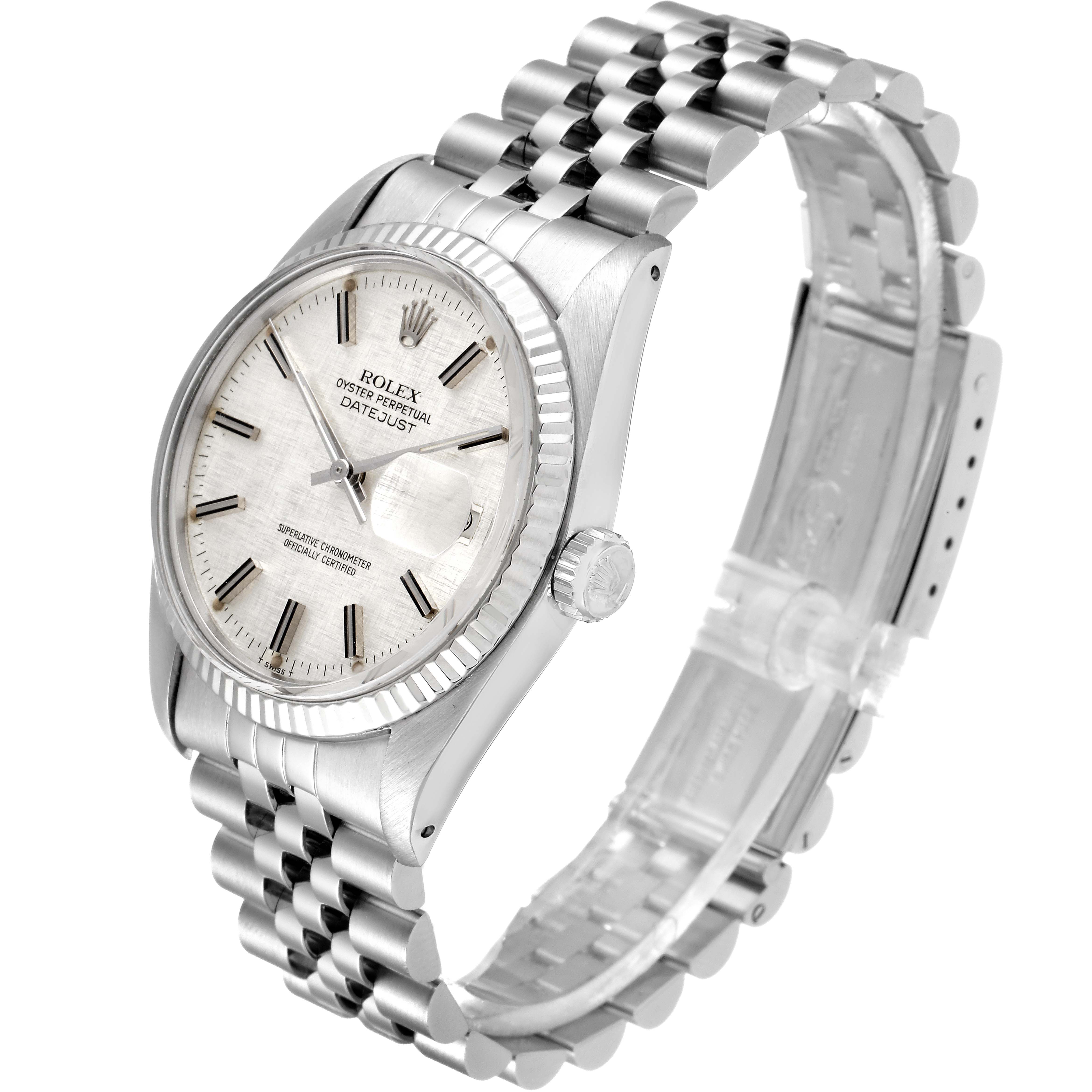 The image shows a side angle of the Rolex Vintage Collection 16014 Men's Stainless Steel Silver Dial 16014 Men's Stainless Steel Silver Dial Datejust, highlighting the dial, case, crown, and bracelet.