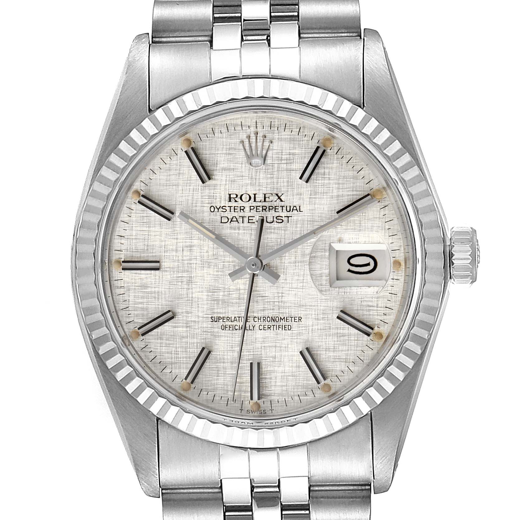 The watch shown is a Rolex Vintage Collection 16014 Men's Stainless Steel Silver Dial 16014 Men's Stainless Steel Silver Dial model, featuring its face, bezel, and part of the bracelet, viewed from the front.