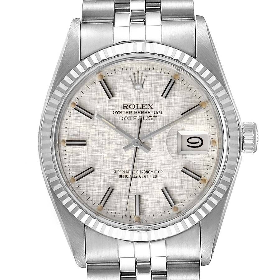 Rolex Datejust Steel White Gold Silver Linen Dial Vintage Watch 16014 SwissWatchExpo