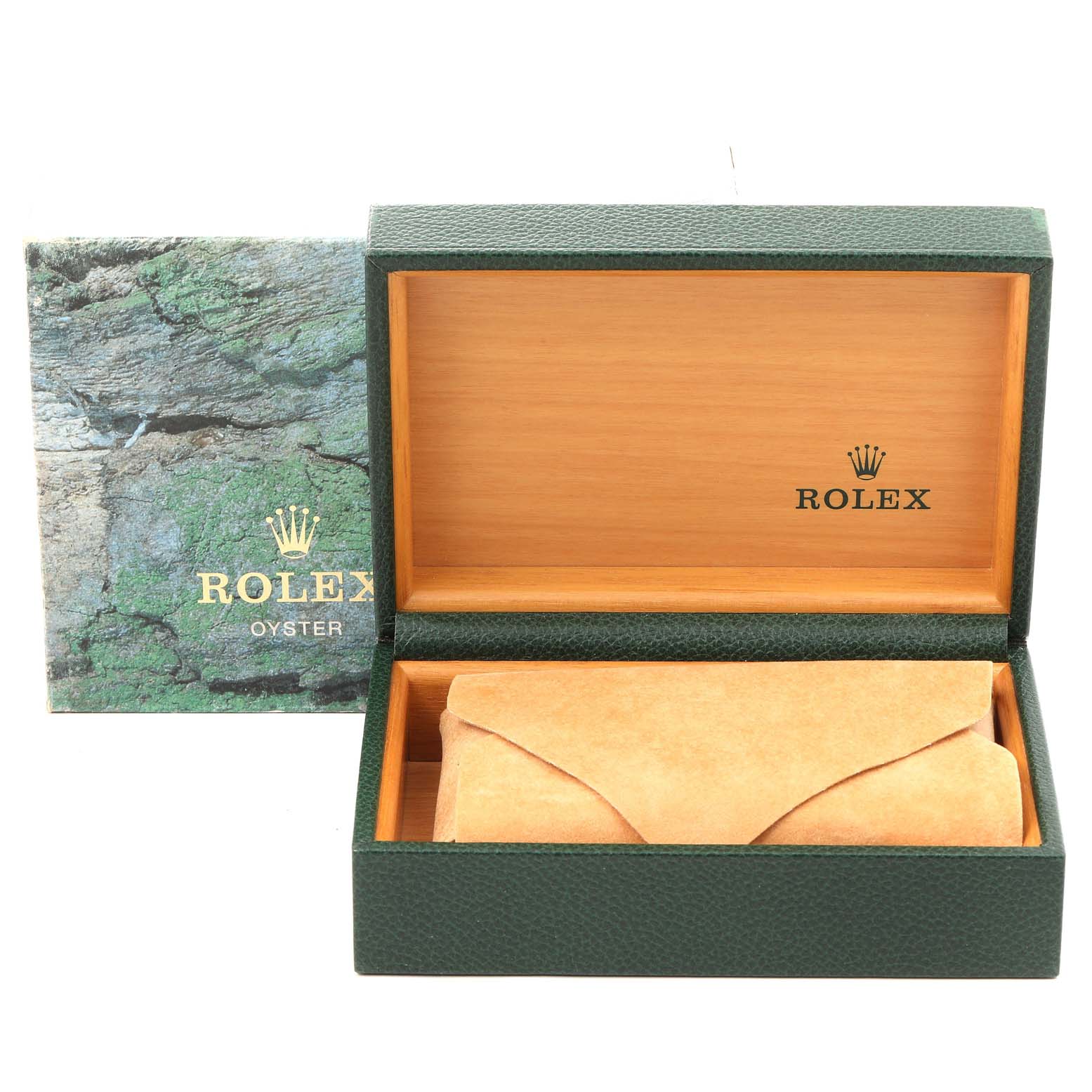 The image shows the open packaging box for the Rolex Vintage Collection 16014 Men's Stainless Steel Silver Dial 16014 Men's Stainless Steel Silver Dial model, including the inner, outer, and pouch.