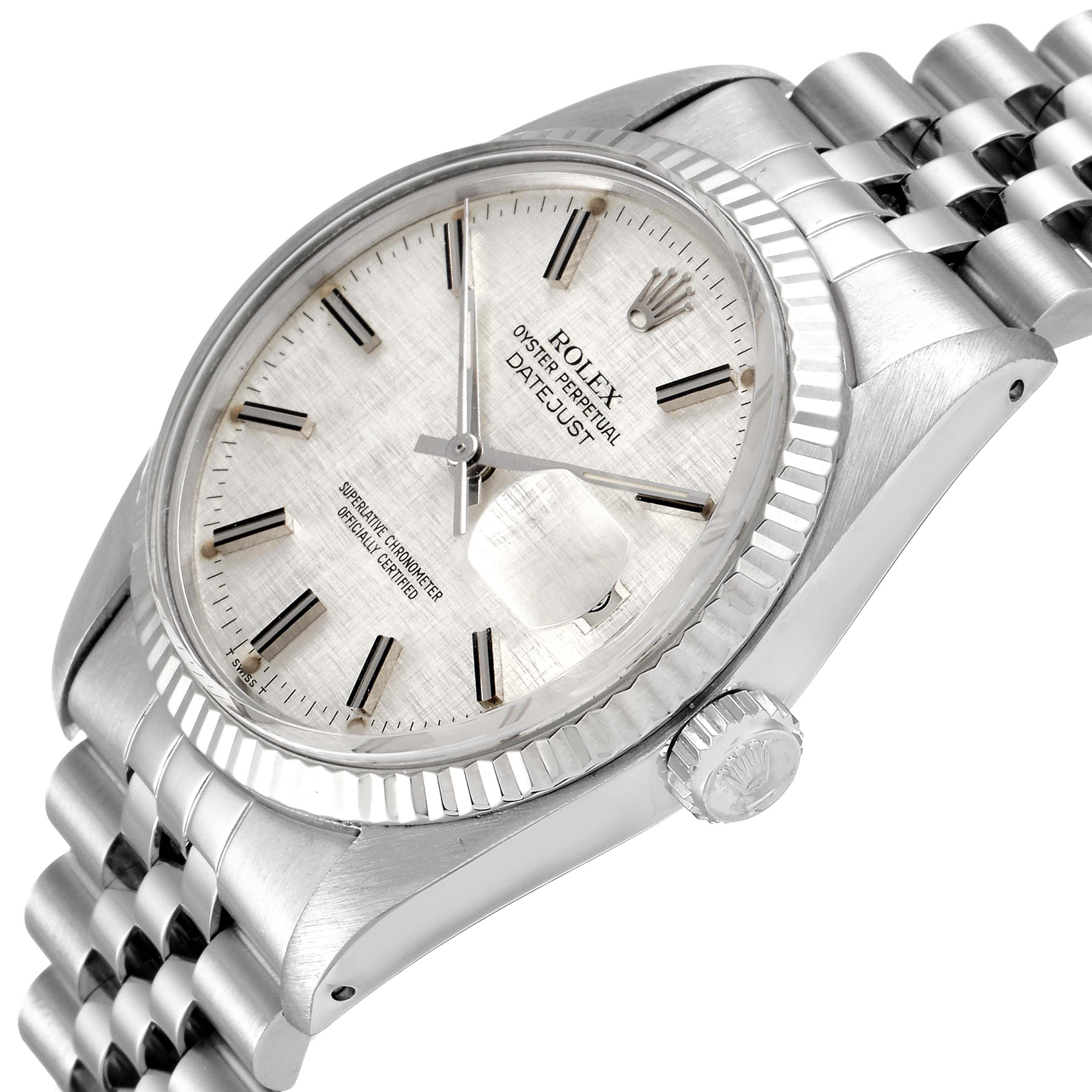 This is a close-up angle showing the face, bezel, crown, and part of the metal bracelet of the Rolex Vintage Collection 16014 Men's Stainless Steel Silver Dial 16014 Men's Stainless Steel Silver Dial Datejust watch.