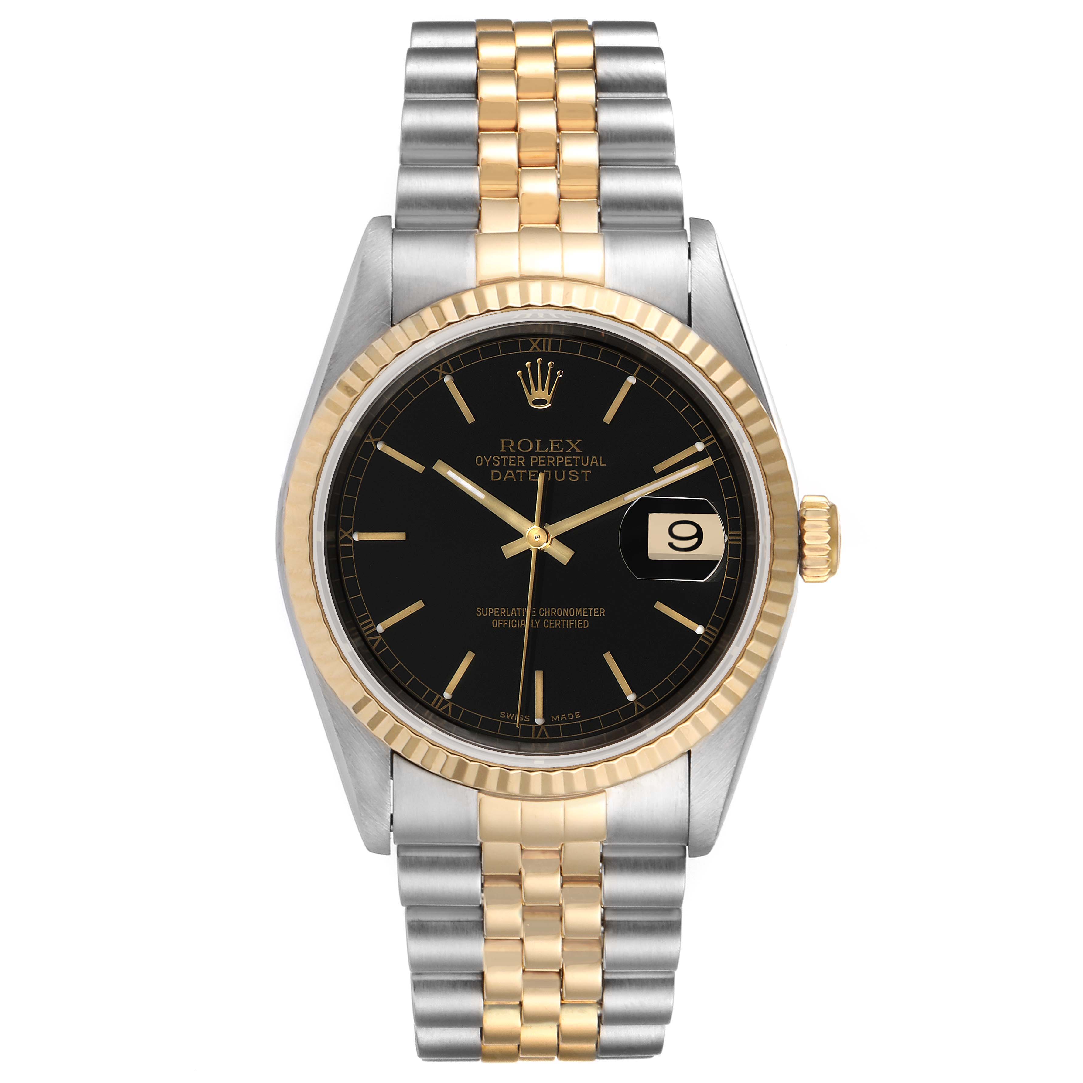 This image shows a front view of a Rolex Datejust 16233 Men's Steel and Gold (two tone) Black Dial 16233 Men's Steel and Gold (two tone) Black Dial watch, featuring a black dial, two-tone bezel, and Jubilee bracelet.