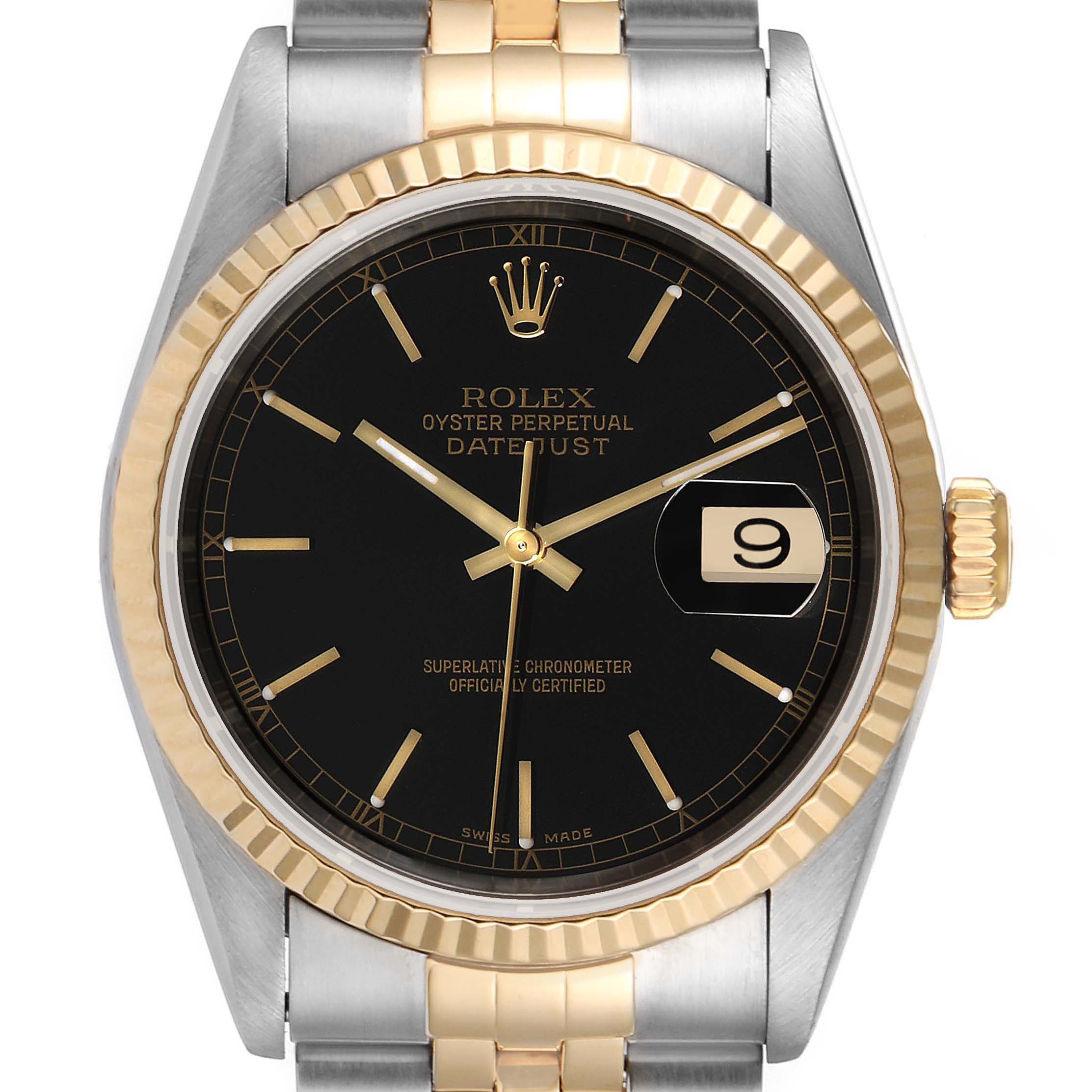 The Rolex Datejust 16233 Men's Steel and Gold (two tone) Black Dial 16233 Men's Steel and Gold (two tone) Black Dial watch is shown from a front angle, displaying its face, bezel, crown, and part of the bracelet.
