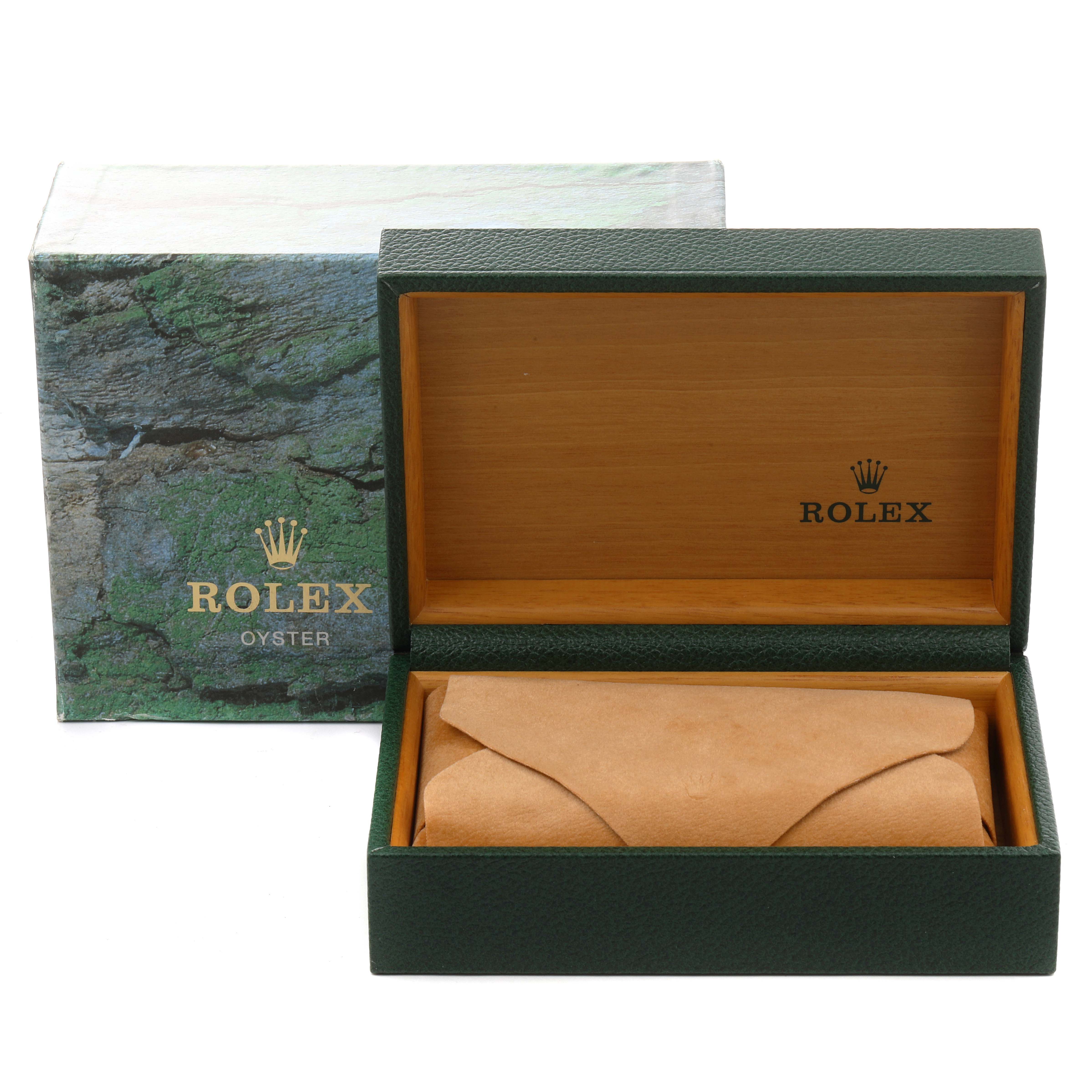 This image shows the open packaging box for a Rolex Datejust 16233 Men's Steel and Gold (two tone) Black Dial 16233 Men's Steel and Gold (two tone) Black Dial watch, revealing an interior box with protective covering.