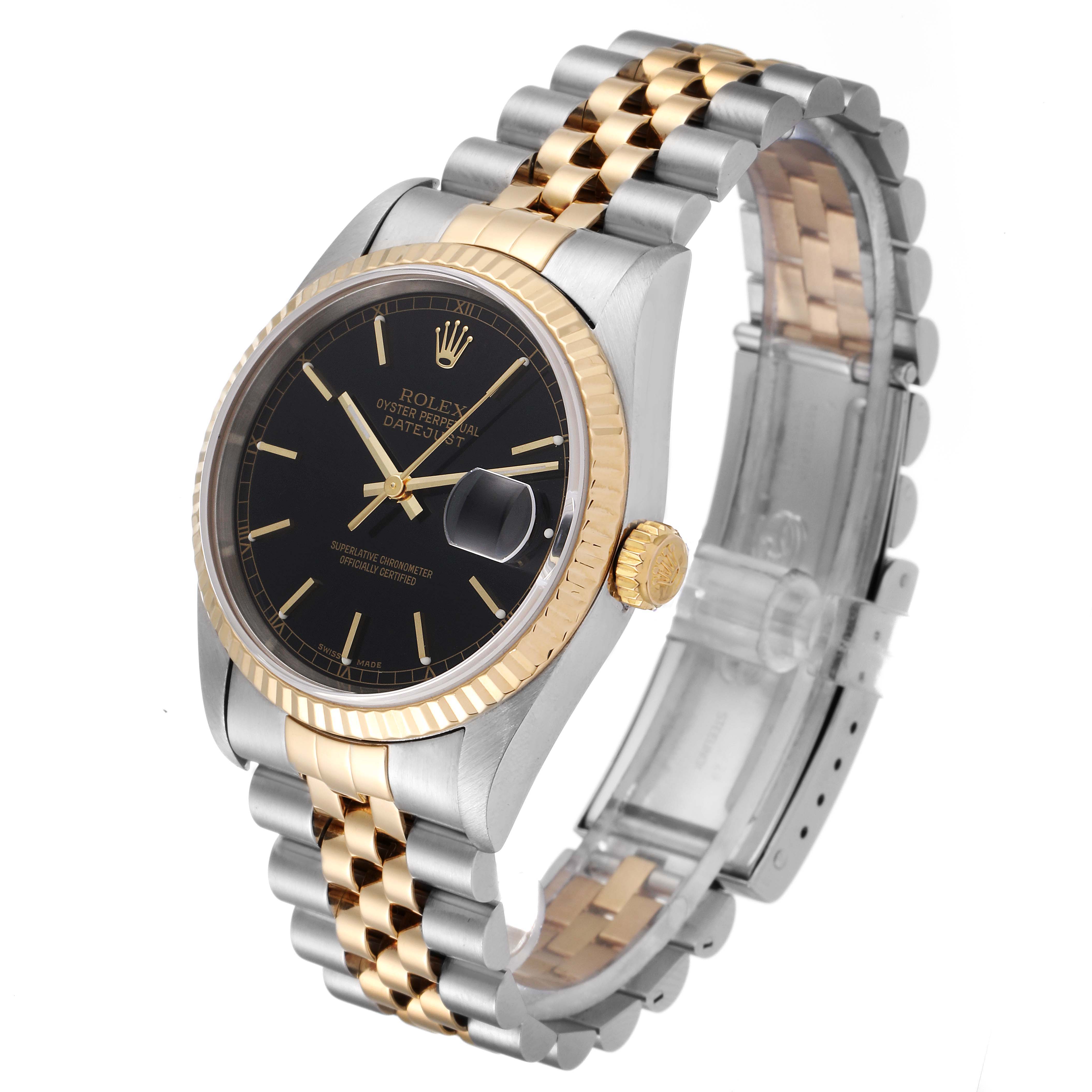 The Rolex Datejust 16233 Men's Steel and Gold (two tone) Black Dial 16233 Men's Steel and Gold (two tone) Black Dial watch is shown at a slight angle, displaying its black dial, gold fluted bezel, and two-tone Jubilee bracelet.