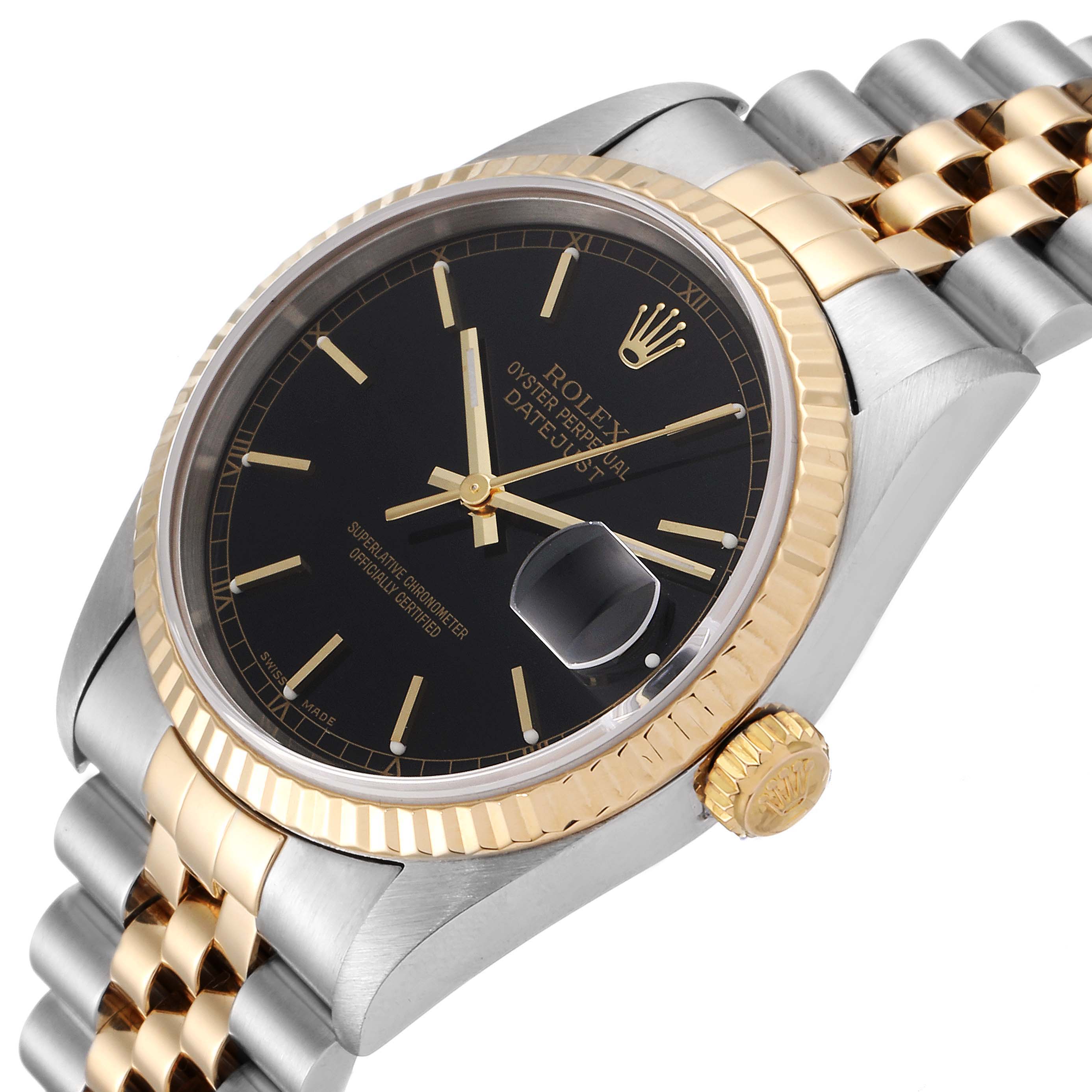 This image shows a close-up angled view of a Rolex Datejust 16233 Men's Steel and Gold (two tone) Black Dial 16233 Men's Steel and Gold (two tone) Black Dial, highlighting the black dial, gold bezel, crown, and two-tone bracelet.