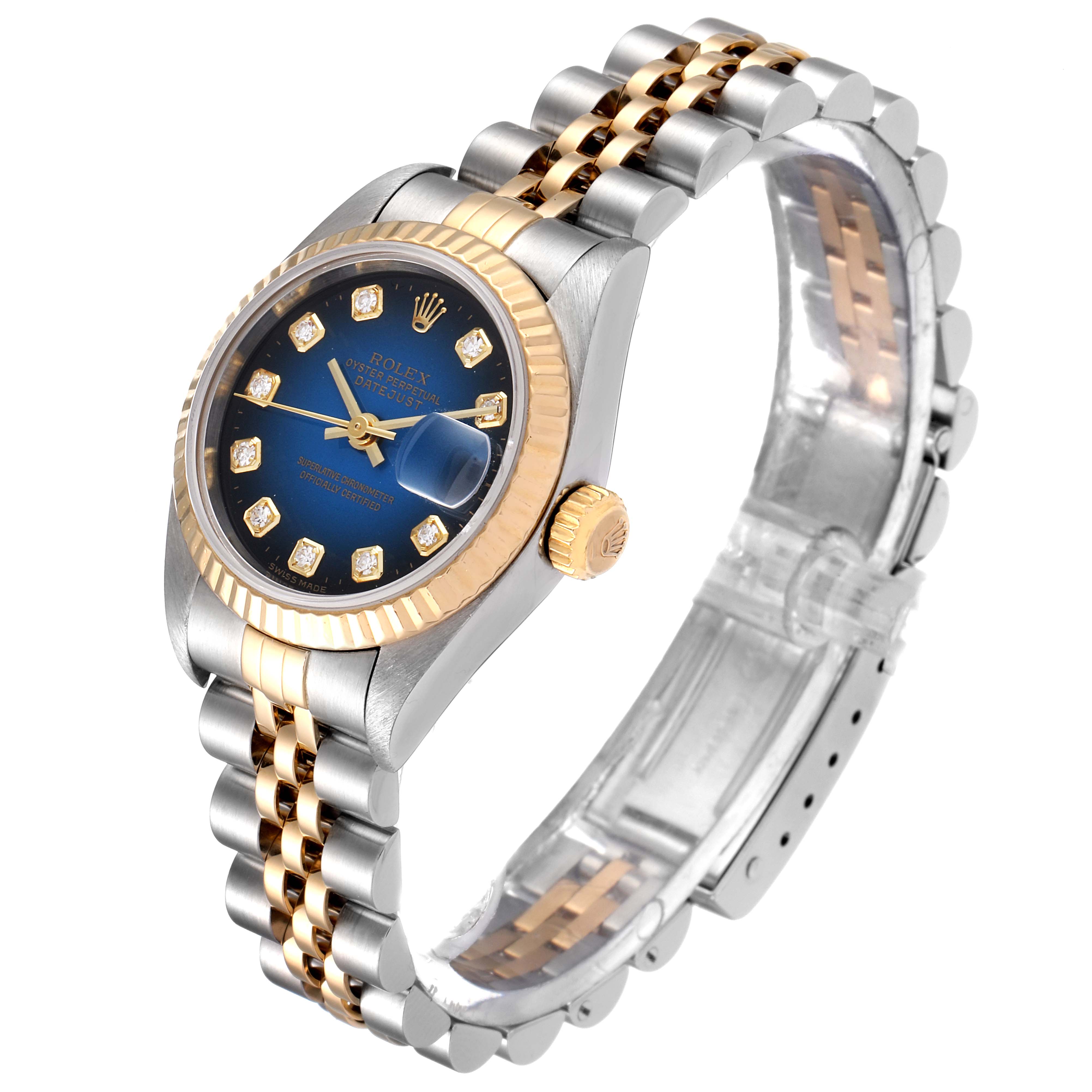 The image shows a Rolex Datejust 79173 Women's Steel and Gold (two tone) Blue Dial 79173 Women's Steel and Gold (two tone) Blue Dial watch at a front-side angle, highlighting the dial, bezel, crown, and two-tone bracelet.