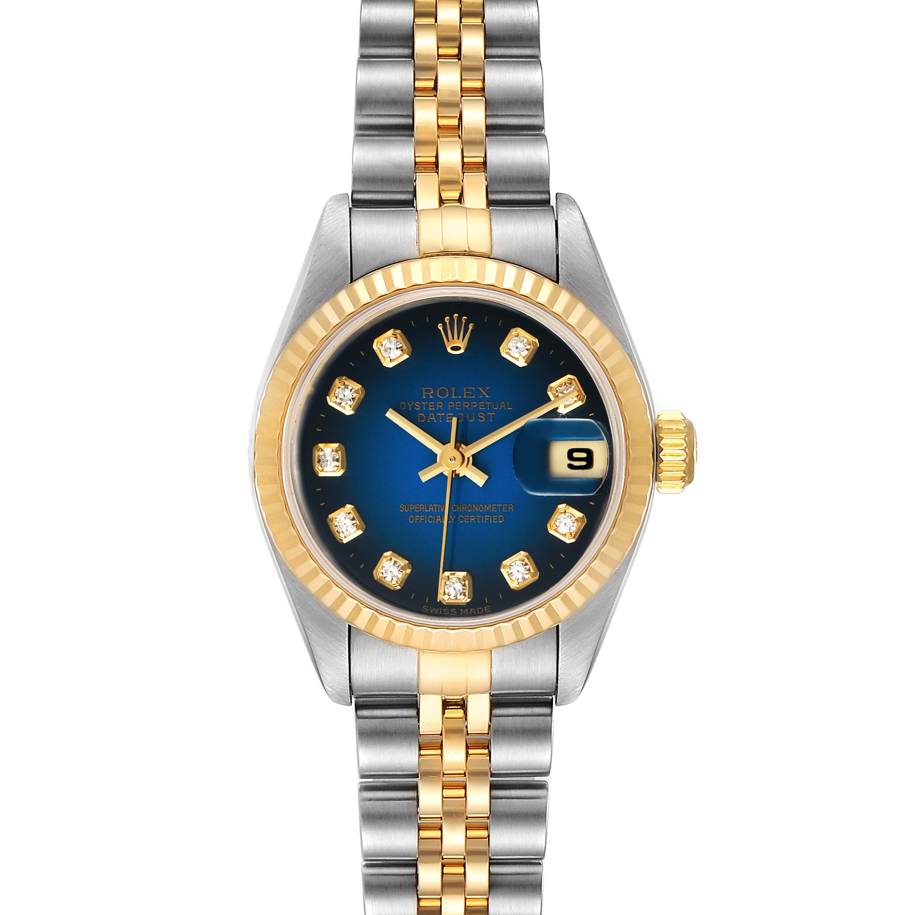 This Rolex Datejust 79173 Women's Steel and Gold (two tone) Blue Dial 79173 Women's Steel and Gold (two tone) Blue Dial watch is shown from the front, displaying its blue dial, diamond hour markers, two-tone bracelet, and date window.