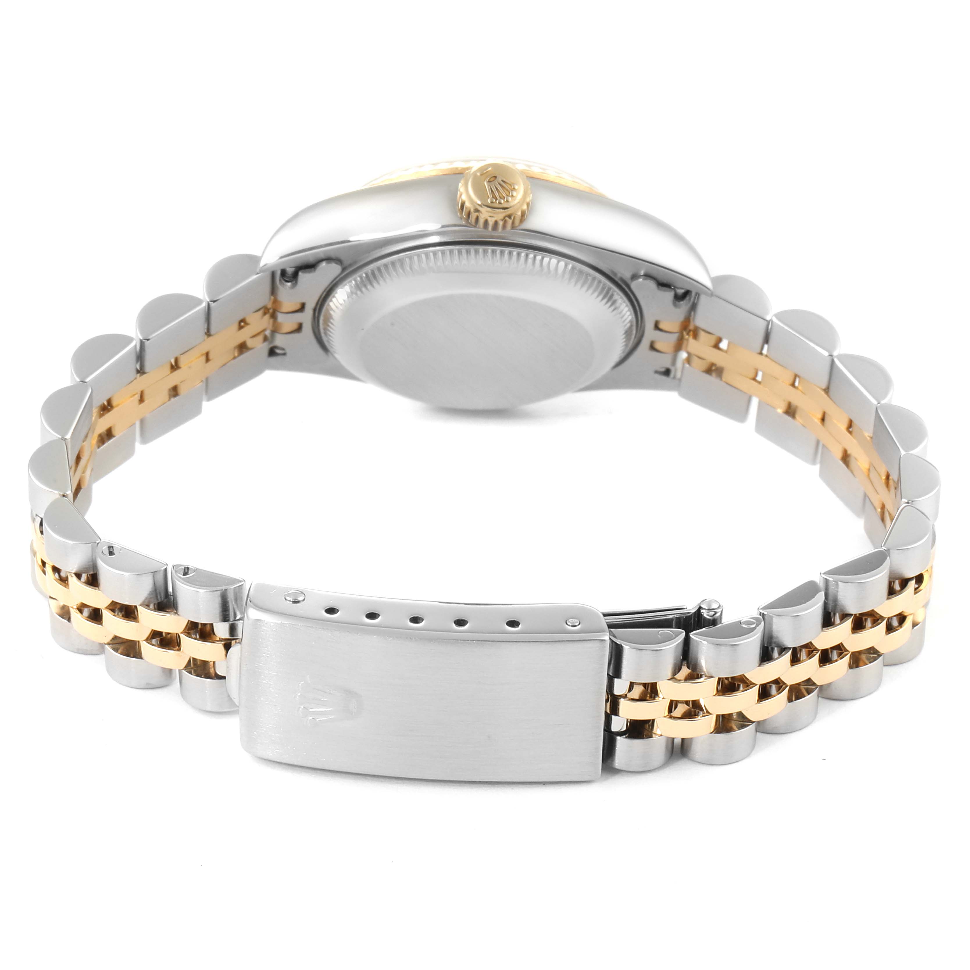 The image shows the back view of a Rolex Datejust 79173 Women's Steel and Gold (two tone) Blue Dial 79173 Women's Steel and Gold (two tone) Blue Dial watch, highlighting its case back, crown, and two-tone metal bracelet.