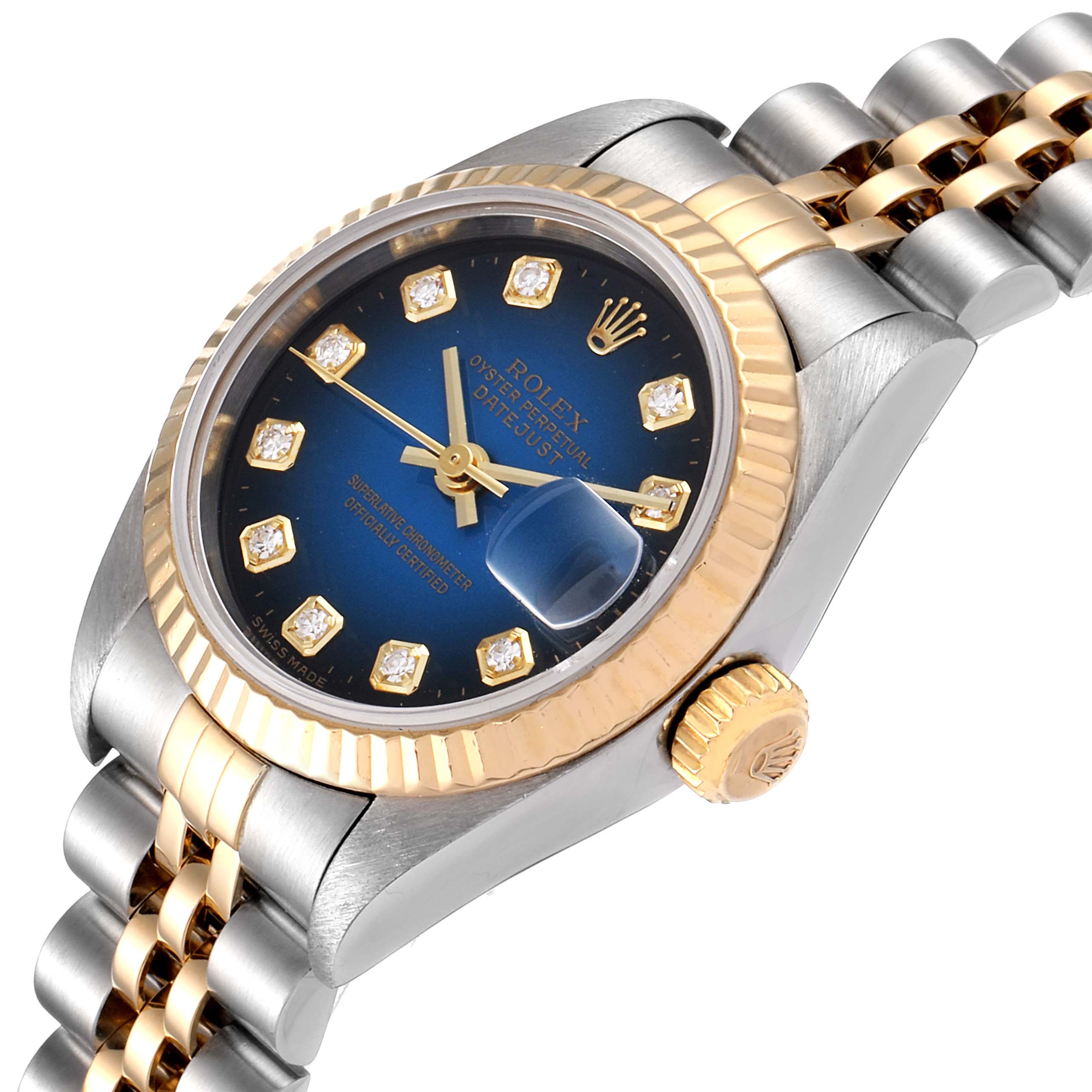 This image shows a side angle of the Rolex Datejust 79173 Women's Steel and Gold (two tone) Blue Dial 79173 Women's Steel and Gold (two tone) Blue Dial watch, highlighting its dial, bezel, crown, and bracelet.