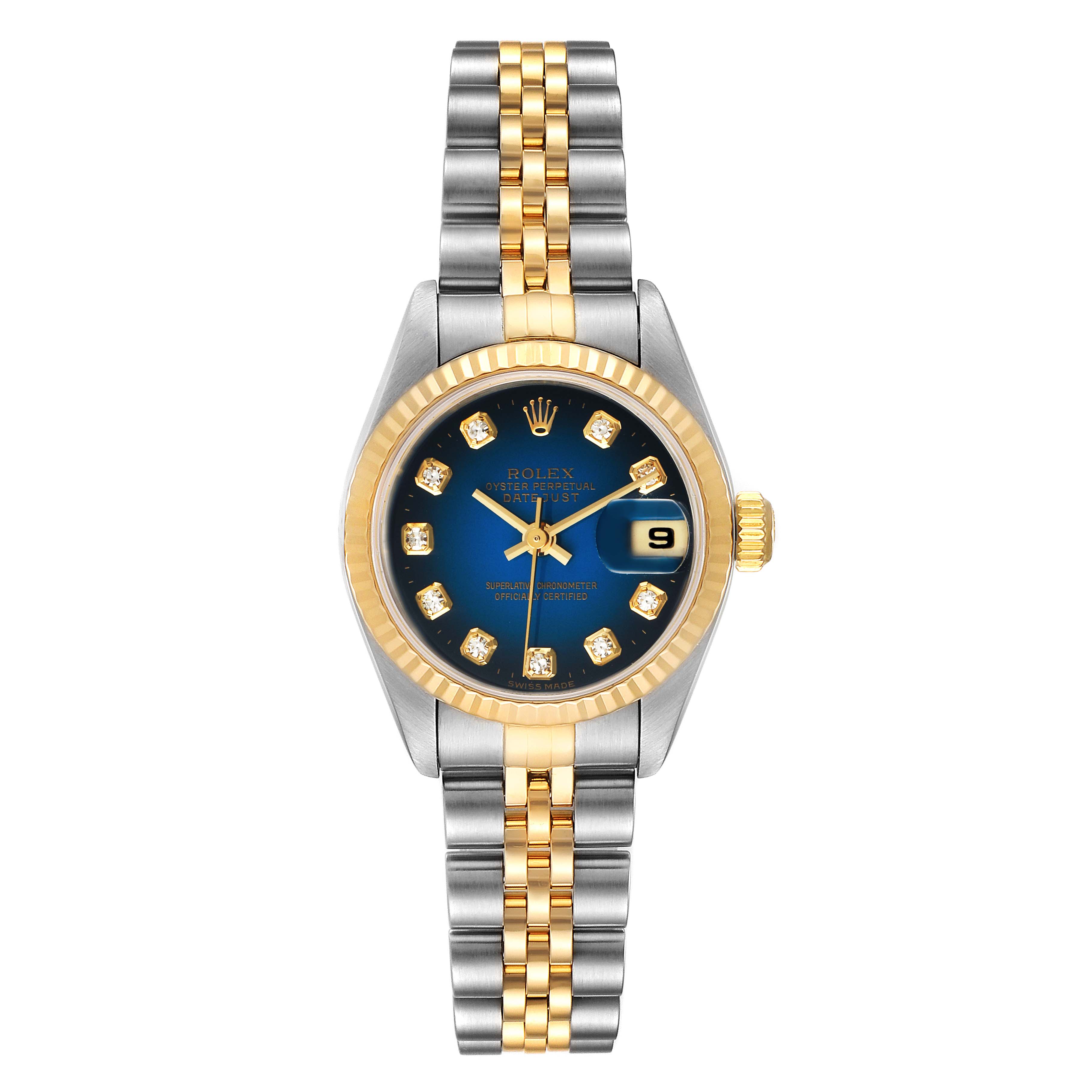 The image shows a front view of a Rolex Datejust 79173 Women's Steel and Gold (two tone) Blue Dial 79173 Women's Steel and Gold (two tone) Blue Dial watch, displaying its two-tone band, blue dial, date window, and fluted bezel.