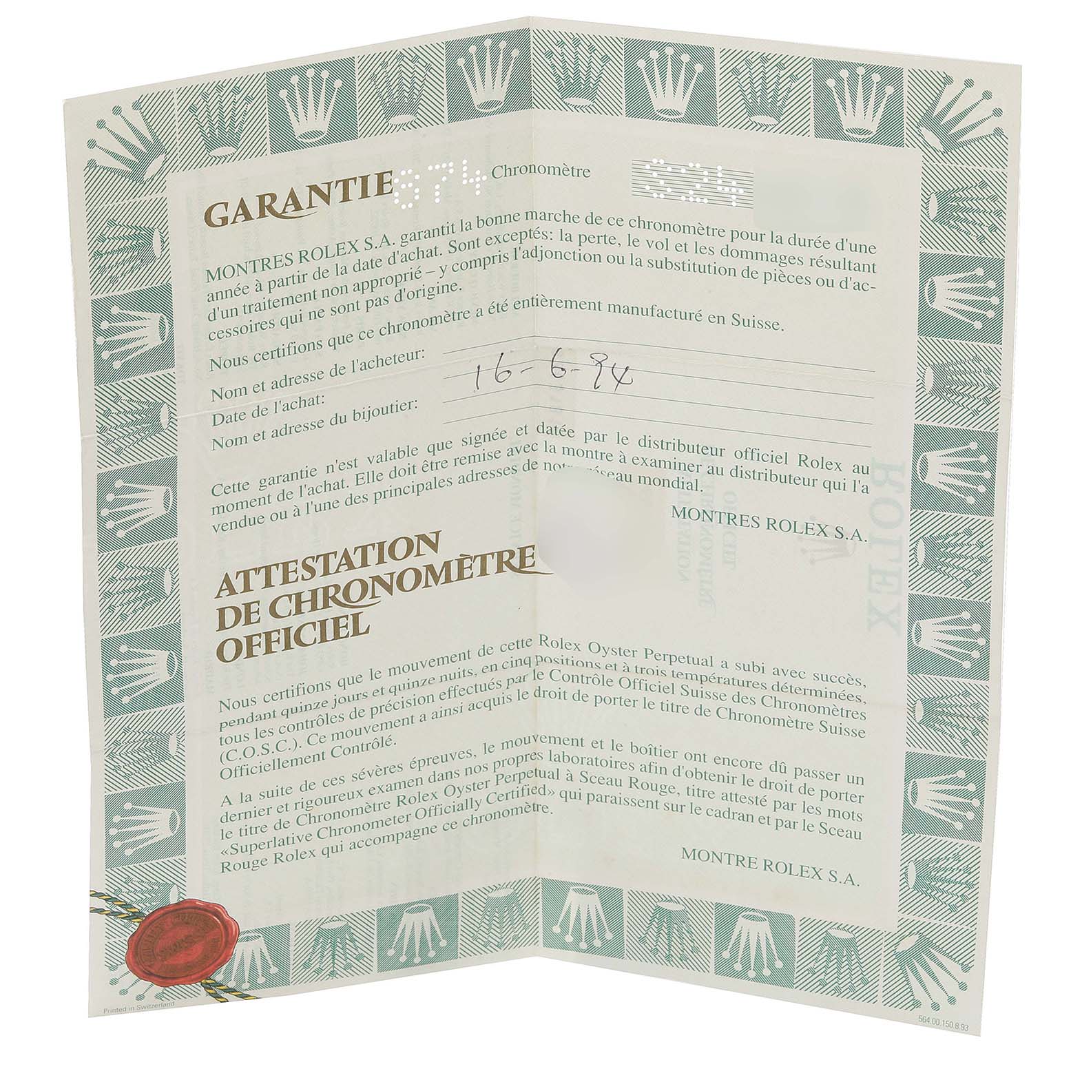 This is a warranty and chronometer certificate for a Rolex Datejust 69173 Women's Steel and Gold (two tone) White Dial 69173 Women's Steel and Gold (two tone) White Dial watch.